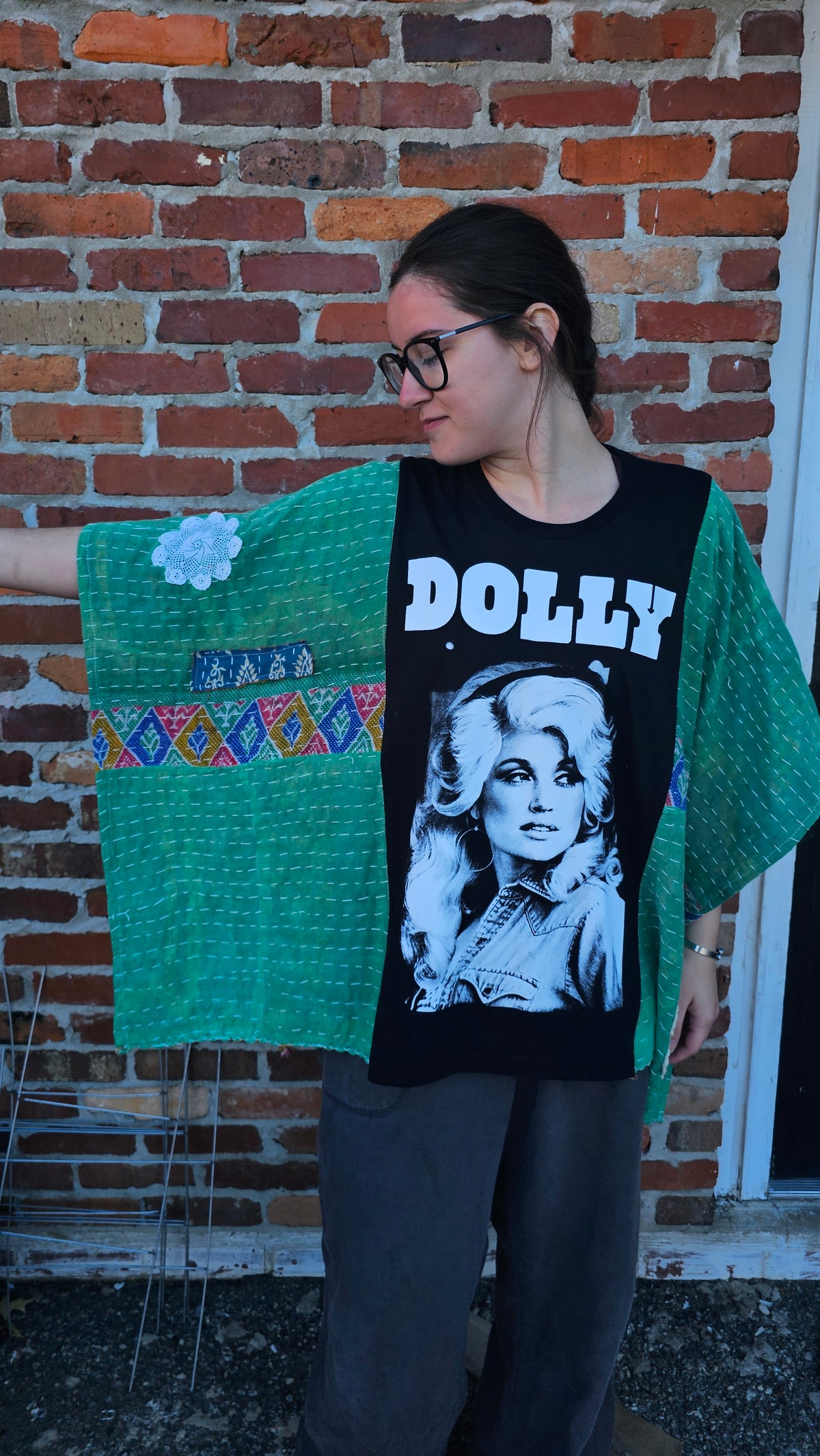 Dolly Parton Kantha Poncho with doilies