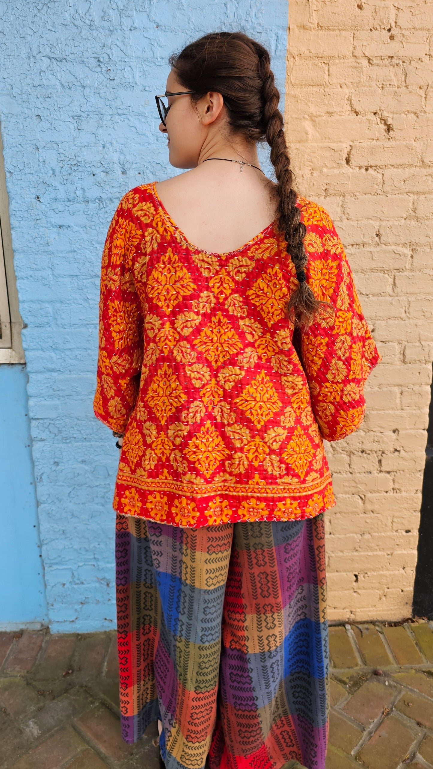 Enchantress Kantha Top | Boho Hi Low Upcycled Blouse #1344