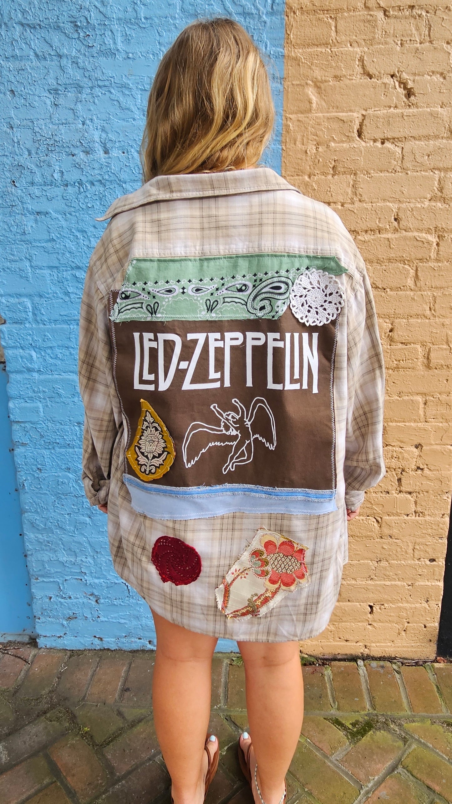 Upcycled Columbia Flannel – Led Zeppelin Patchwork, Repurposed & One-of-a-Kind size XL