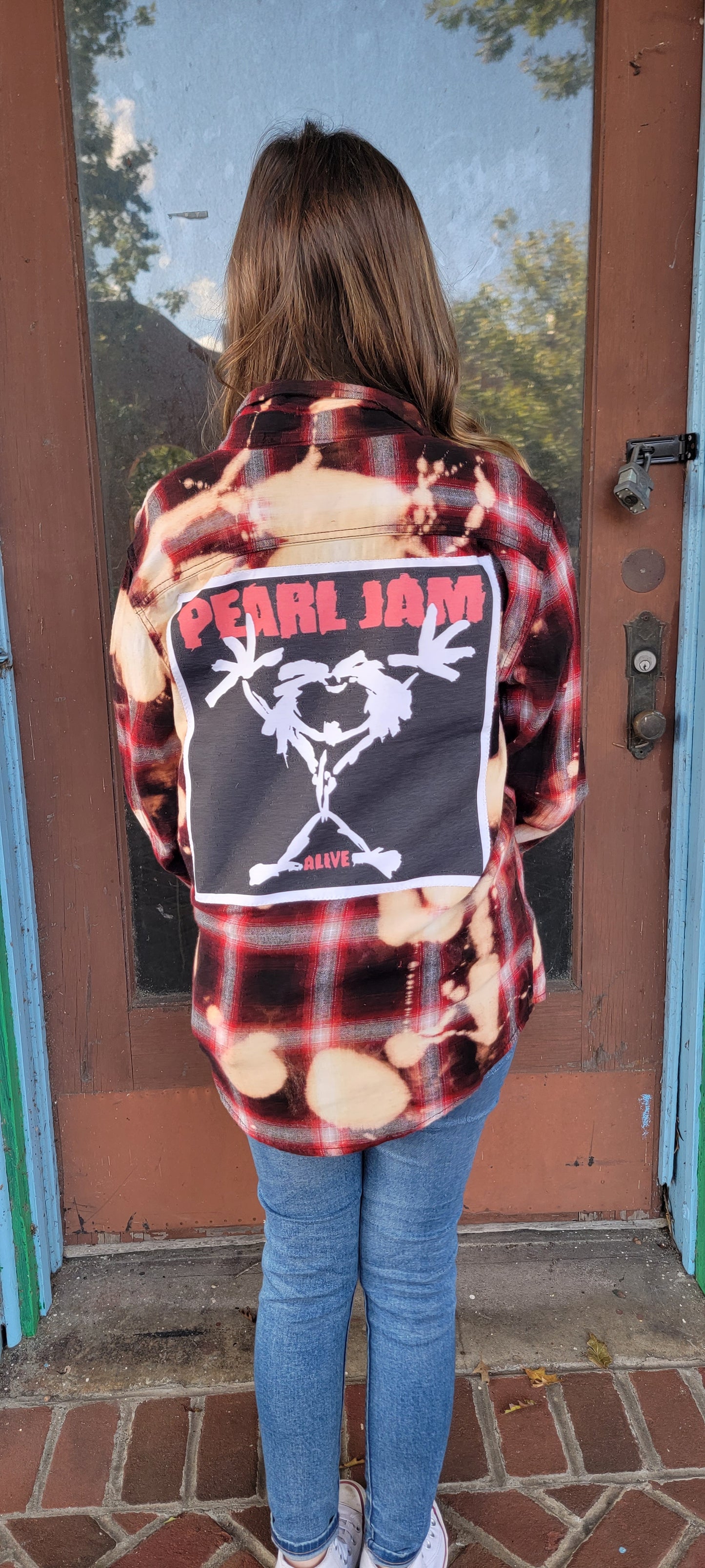 Pearl Jam Bleached Distressed Upcycled Flannel size Small