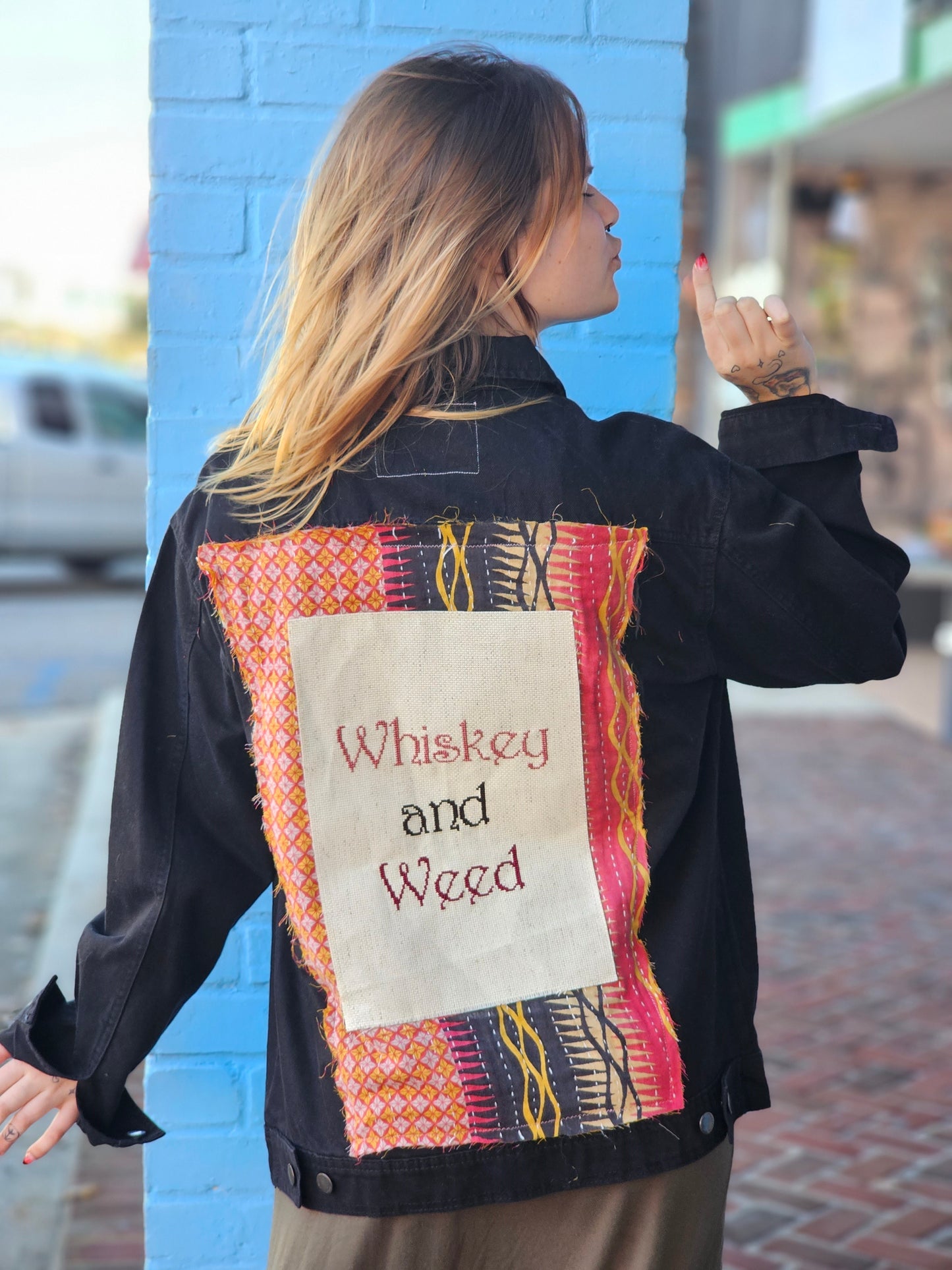 Whiskey and Weed Cross Stitch Jacket size XL