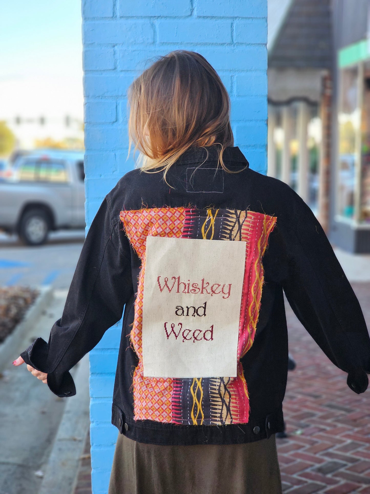 Whiskey and Weed Cross Stitch Jacket size XL