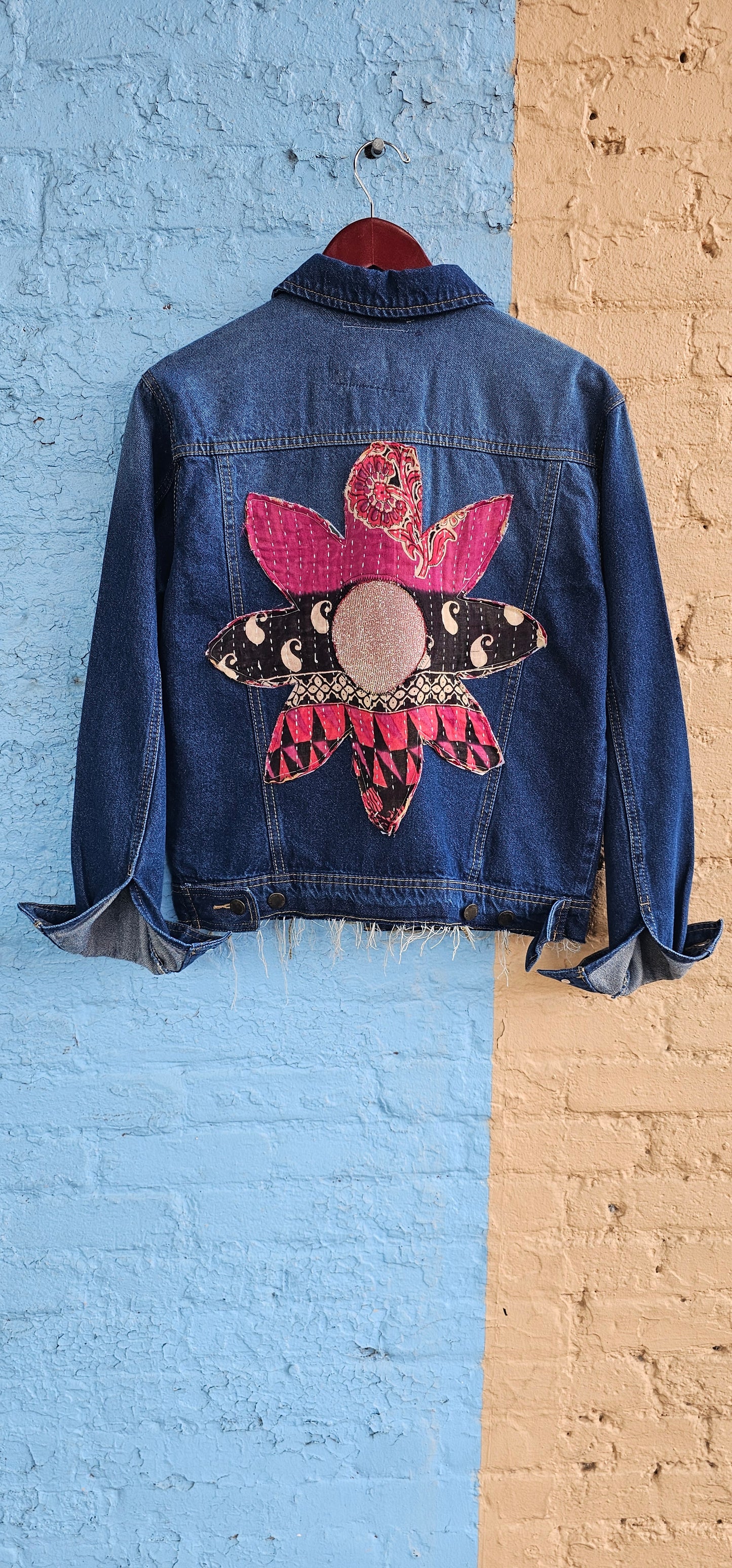 Kantha Glitter Daisy Denim Jacket size Small