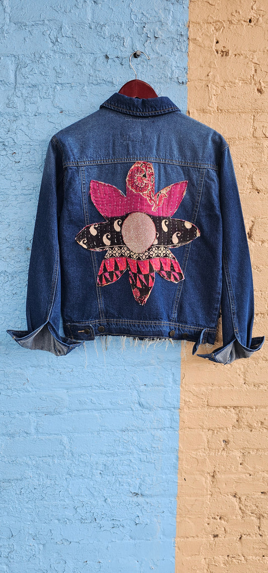 Kantha Glitter Daisy Denim Jacket size Small