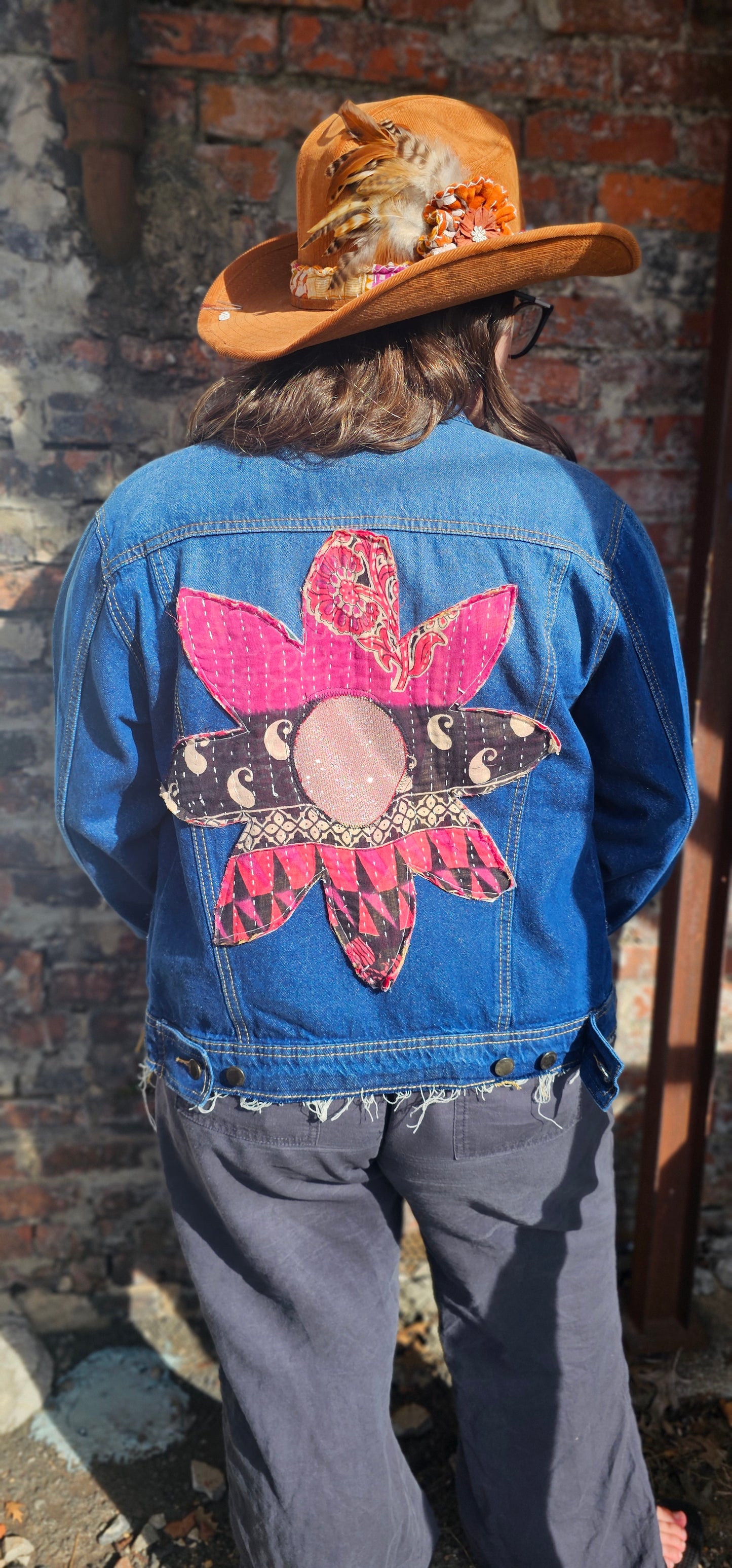 Kantha Glitter Daisy Denim Jacket size Small