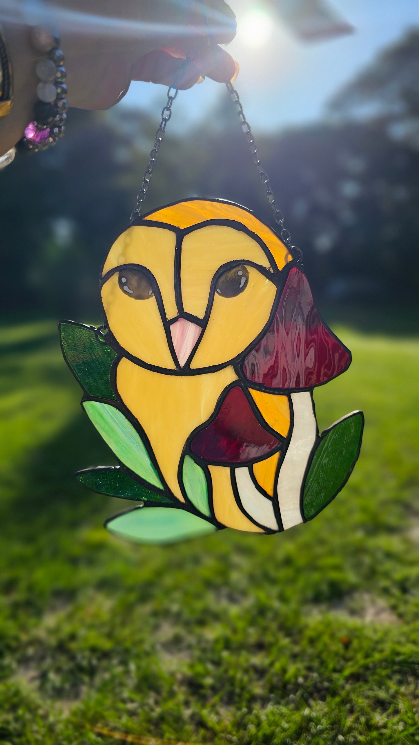 Stained Glass Owl with Mushrooms