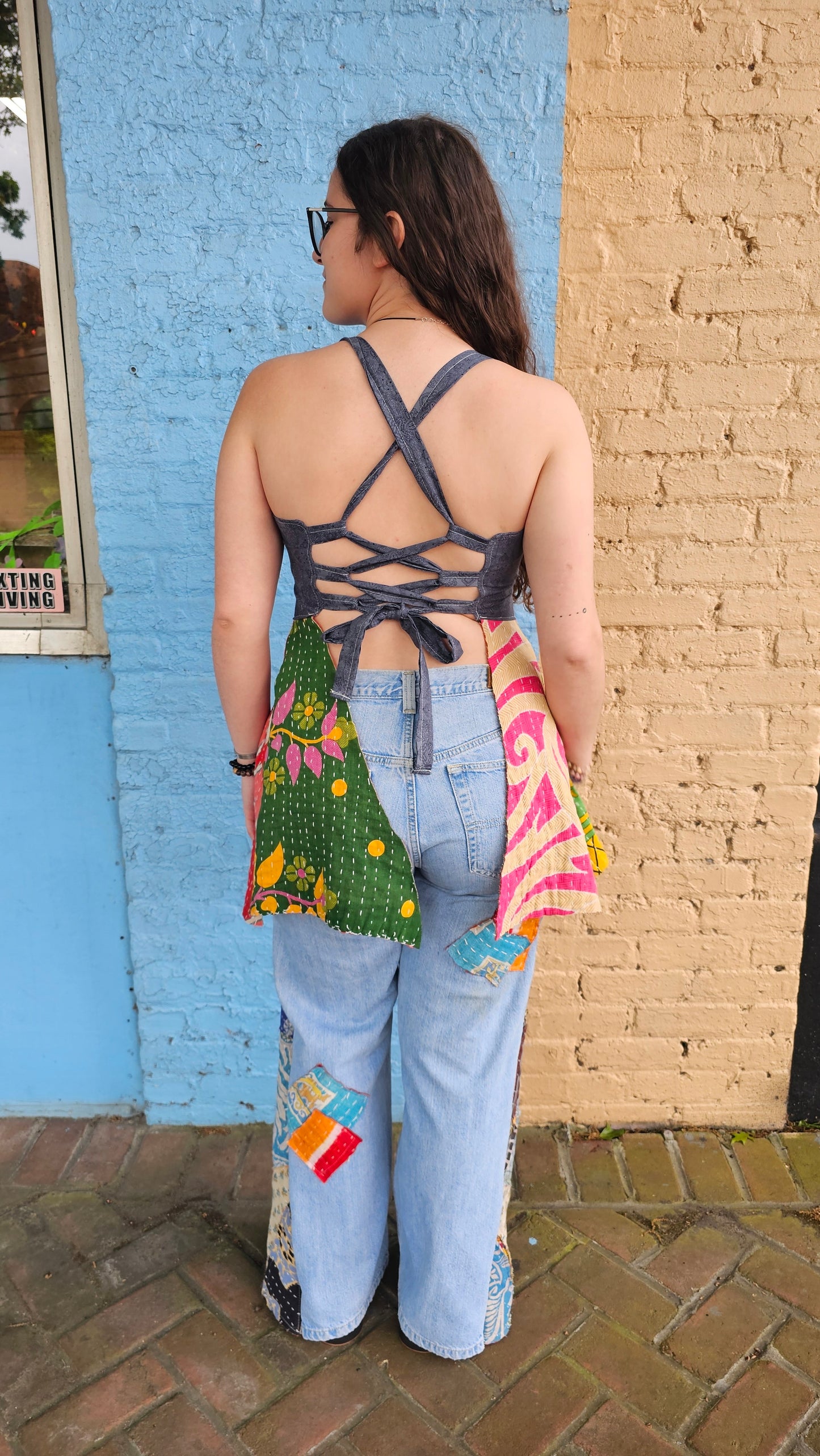 Hippie Patchwork Apron Top – Adjustable Corset Back Cotton Festival Top 1363