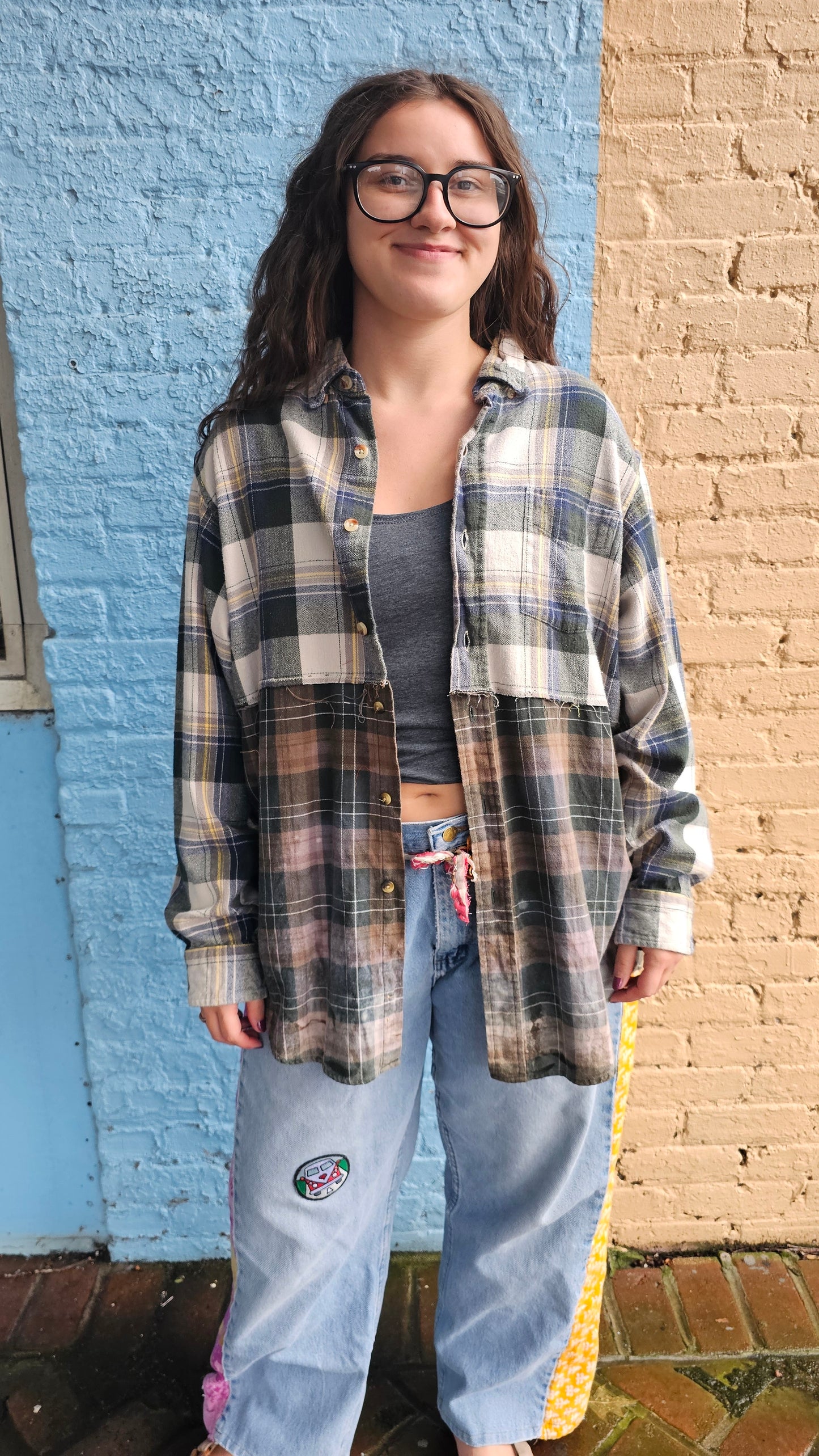 Alive and Well Split Flannel (XL) – One-of-a-Kind Upcycled Patchwork #1466