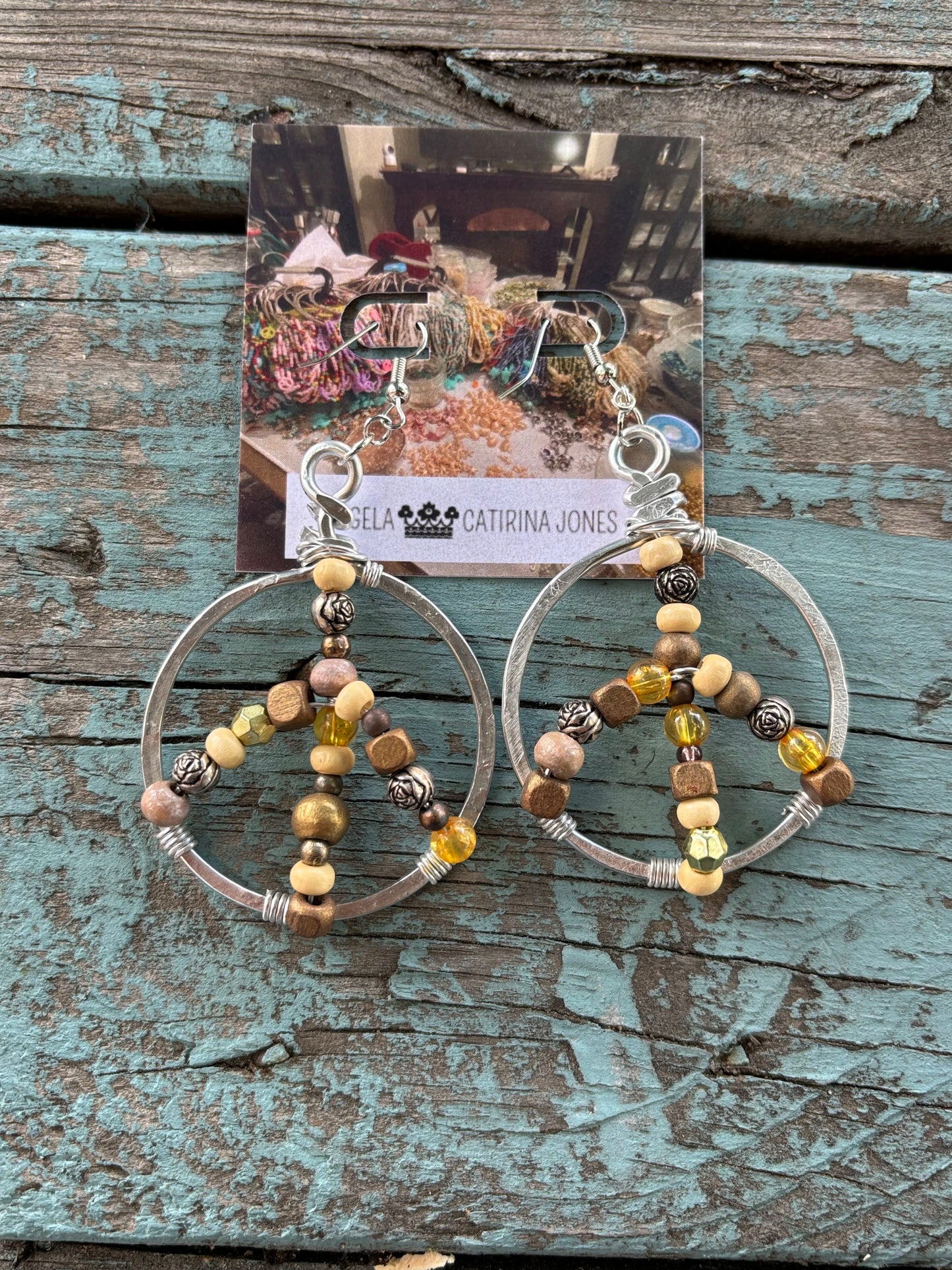 Silver Wooden Bead Peace Sign Earrings