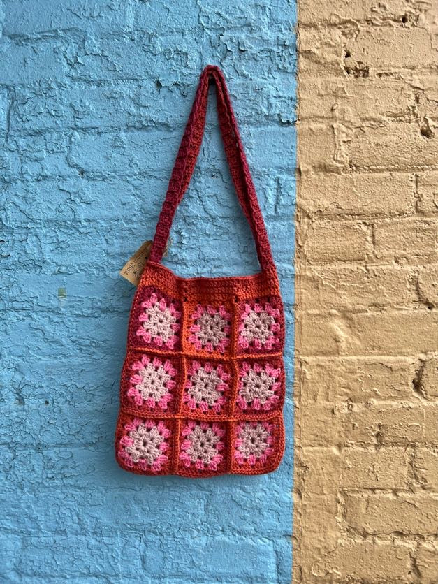 Red and Pink Granny Square Crochet Bag