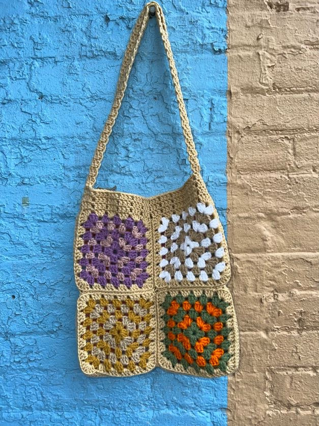 Tan Multi Color Granny Square Crochet Bag
