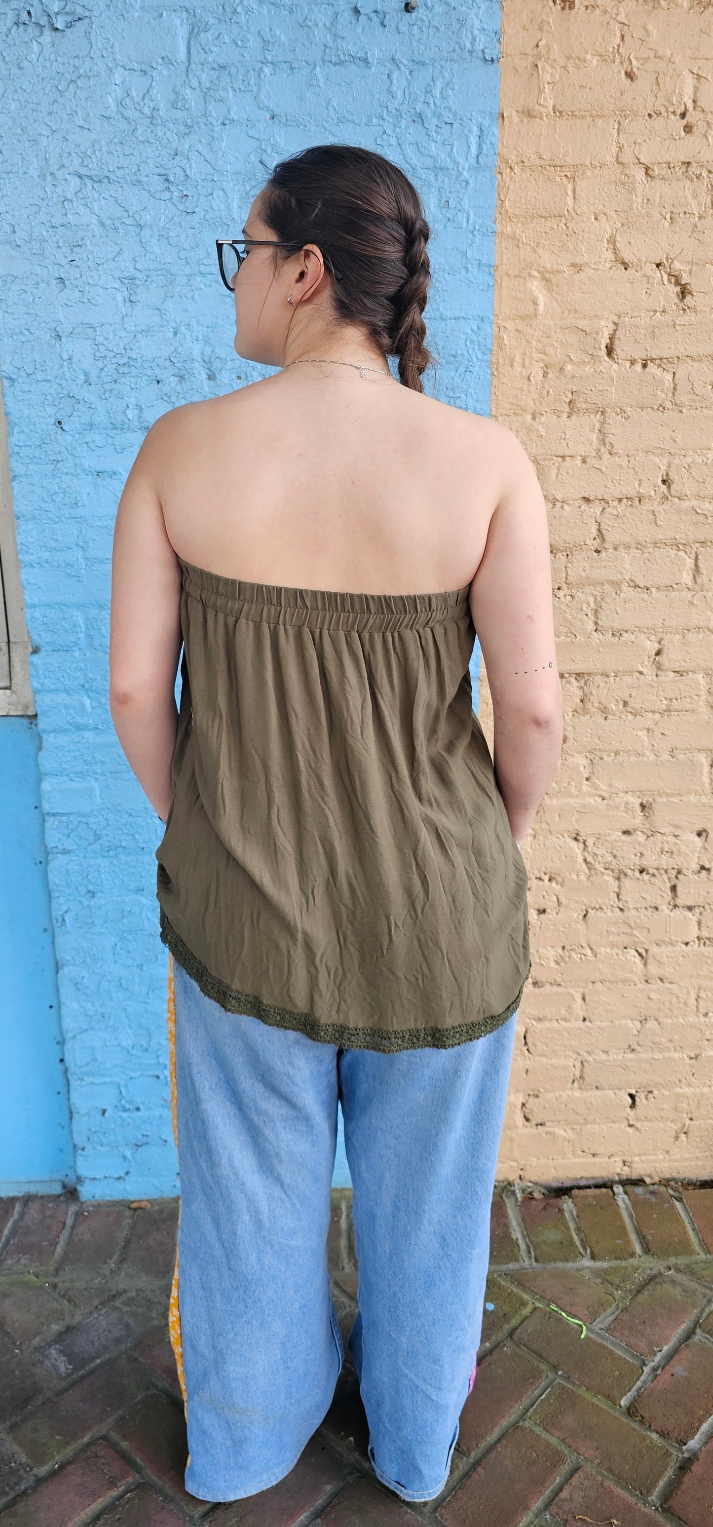 Strapless Hippie Top in Olive Green