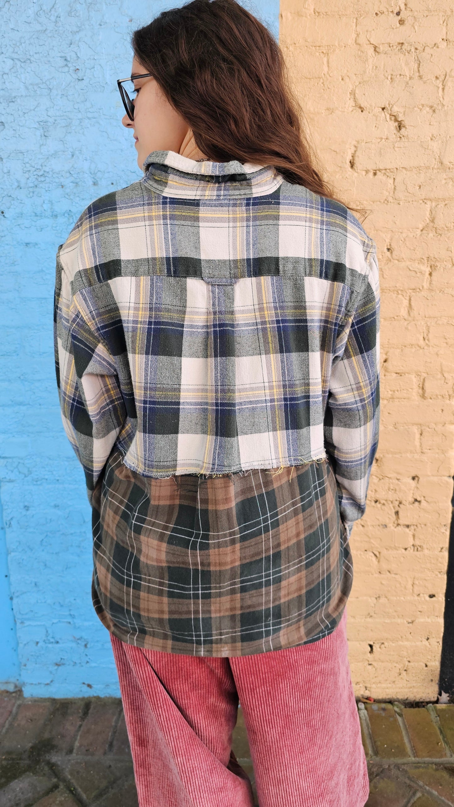 Forest Trail Split Flannel (XL) – One-of-a-Kind Upcycled Patchwork #1410