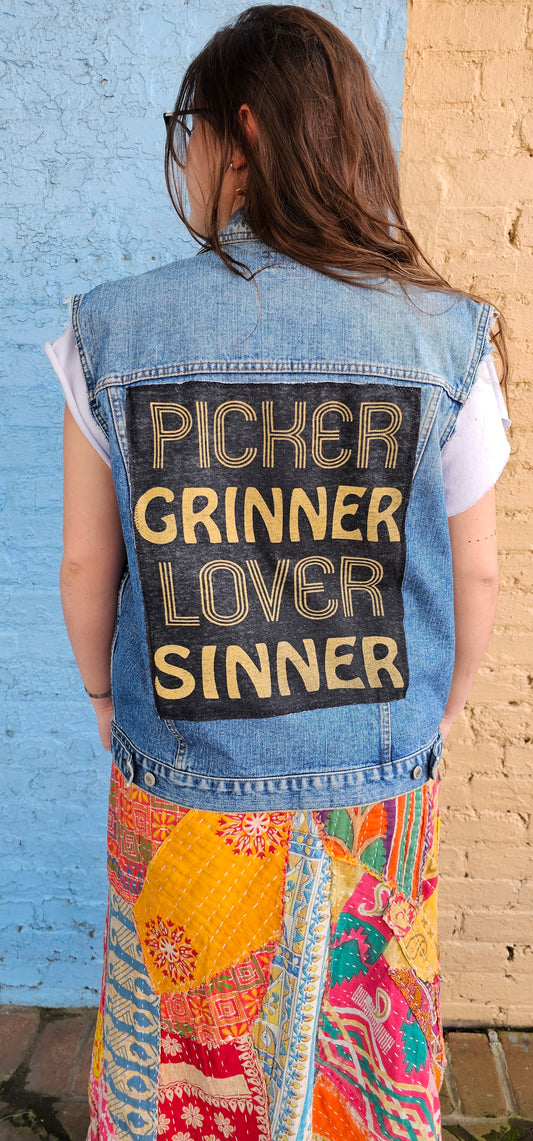 Picker Grinner Lover Sinner Denim Vest size Large