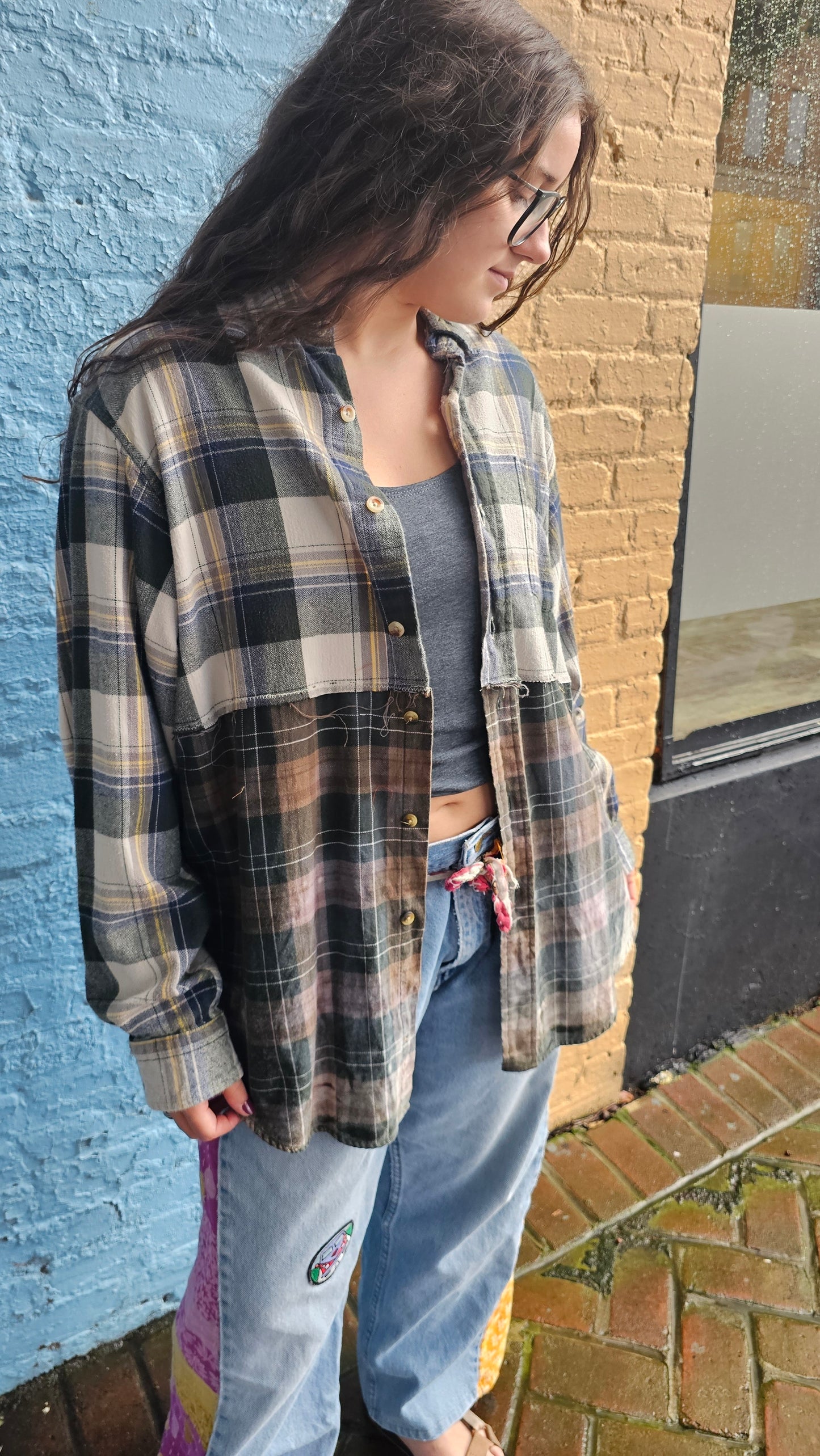 Alive and Well Split Flannel (XL) – One-of-a-Kind Upcycled Patchwork #1466