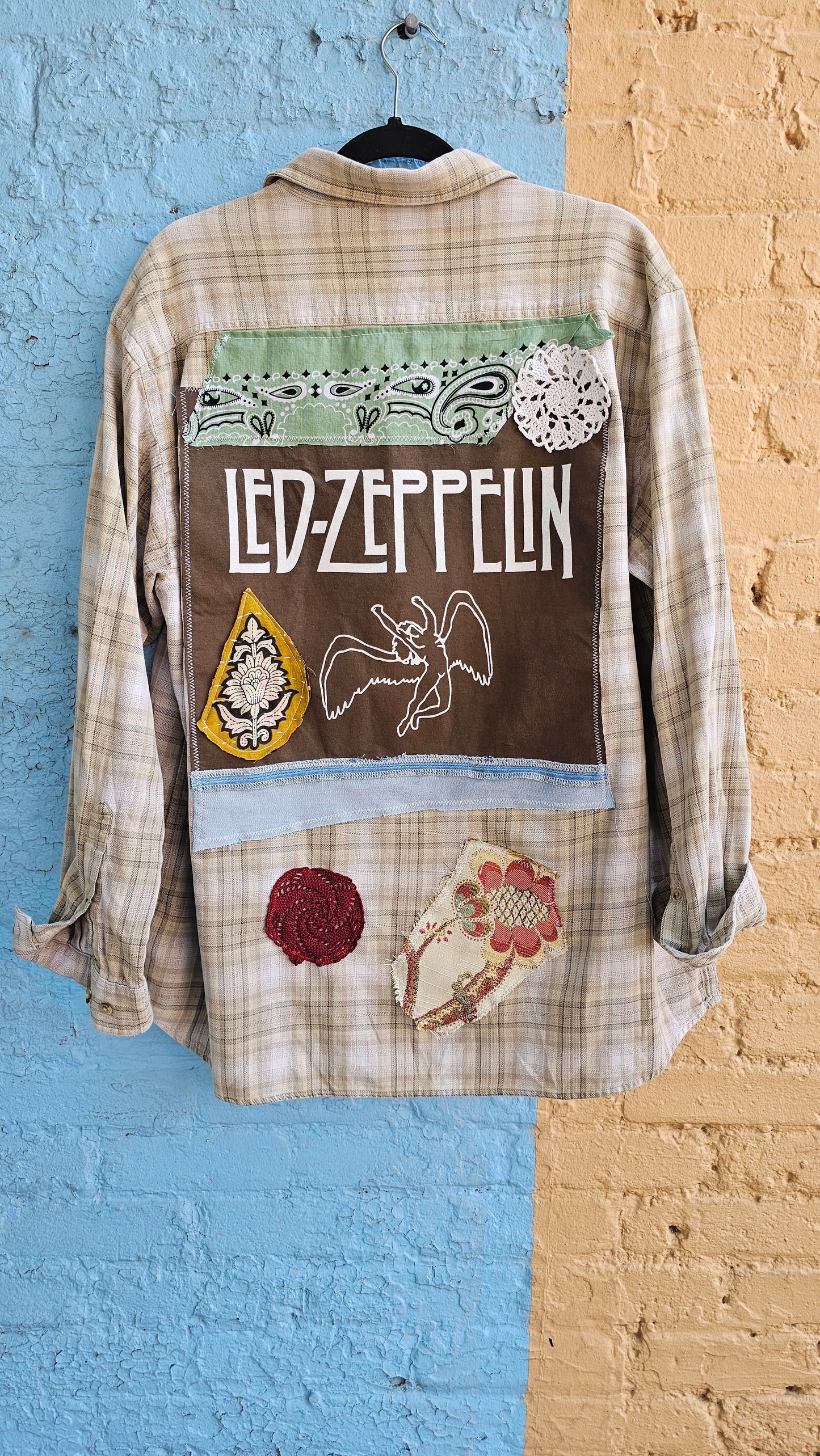 Upcycled Columbia Flannel – Led Zeppelin Patchwork, Repurposed & One-of-a-Kind size XL