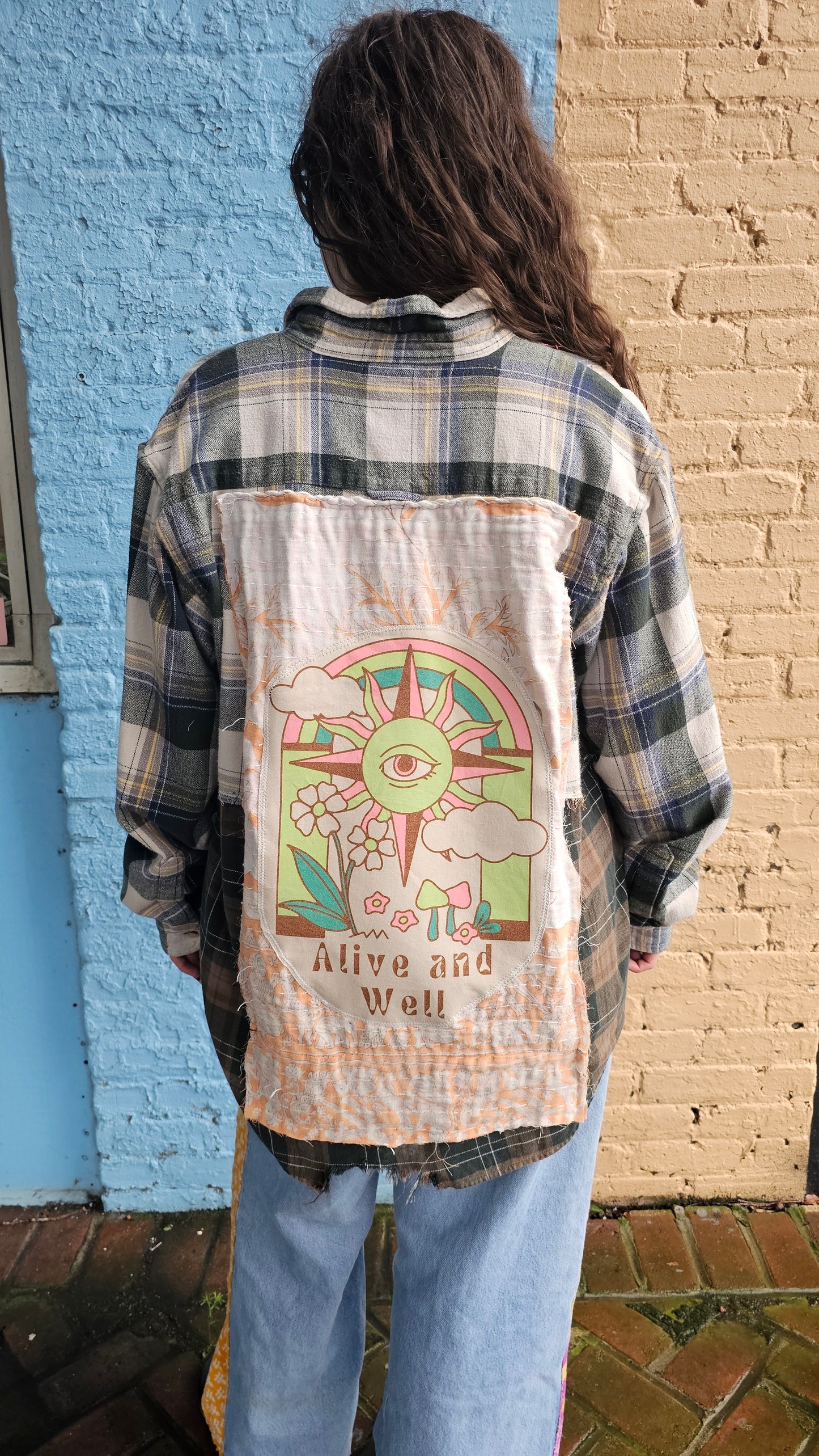 Alive and Well Split Flannel (XL) – One-of-a-Kind Upcycled Patchwork #1466