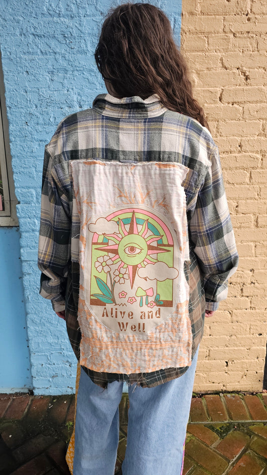 Alive and Well Split Flannel (XL) – One-of-a-Kind Upcycled Patchwork #1466