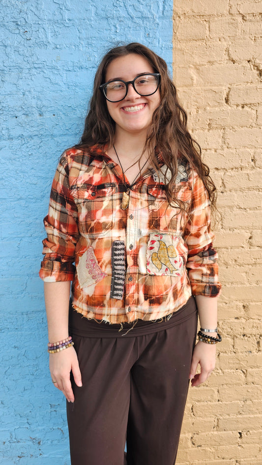 Cropped Flannel Shirt | Upcycled Distressed Flannel Size SMALL#1354
