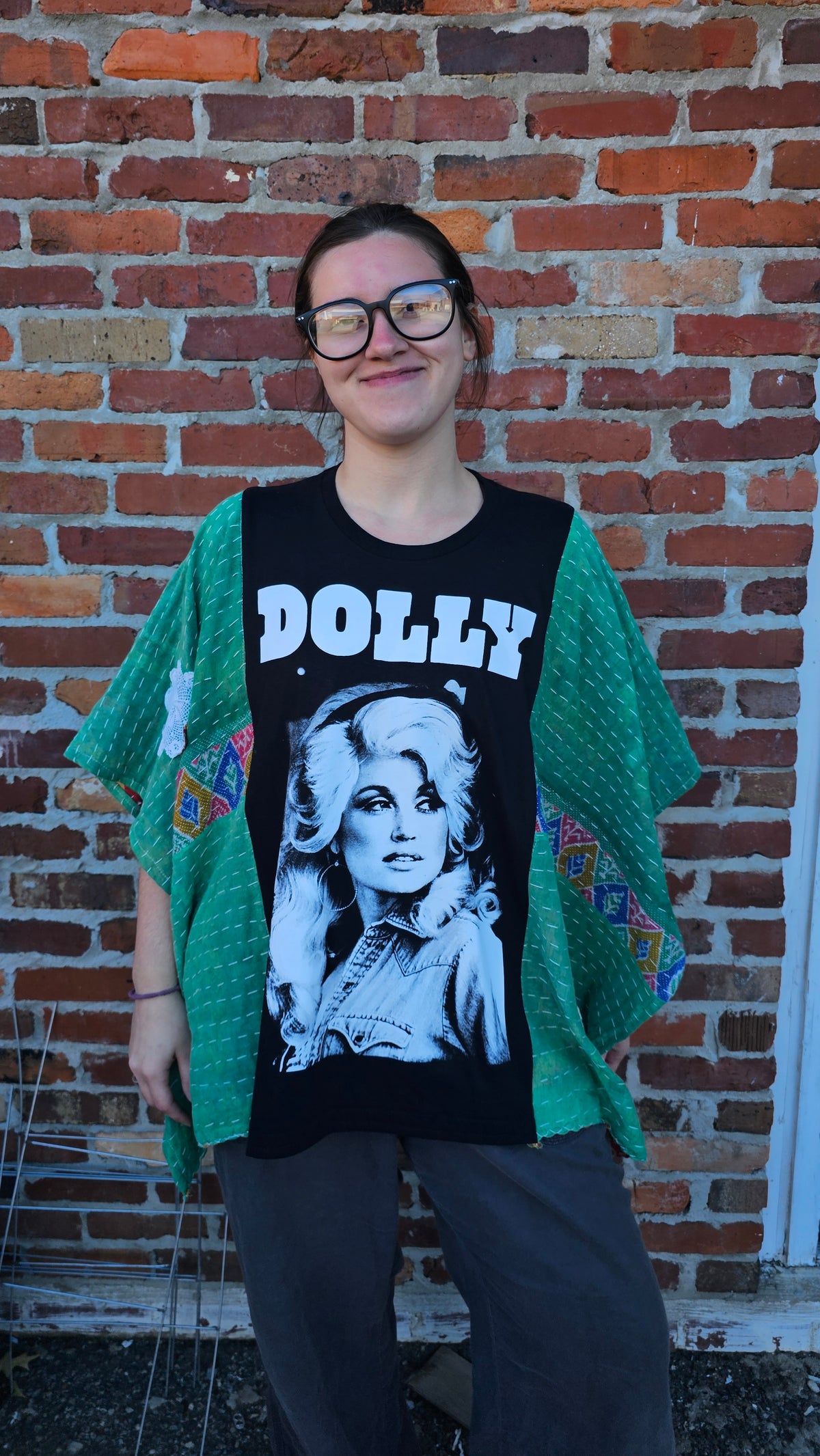 Dolly Parton Kantha Poncho with doilies
