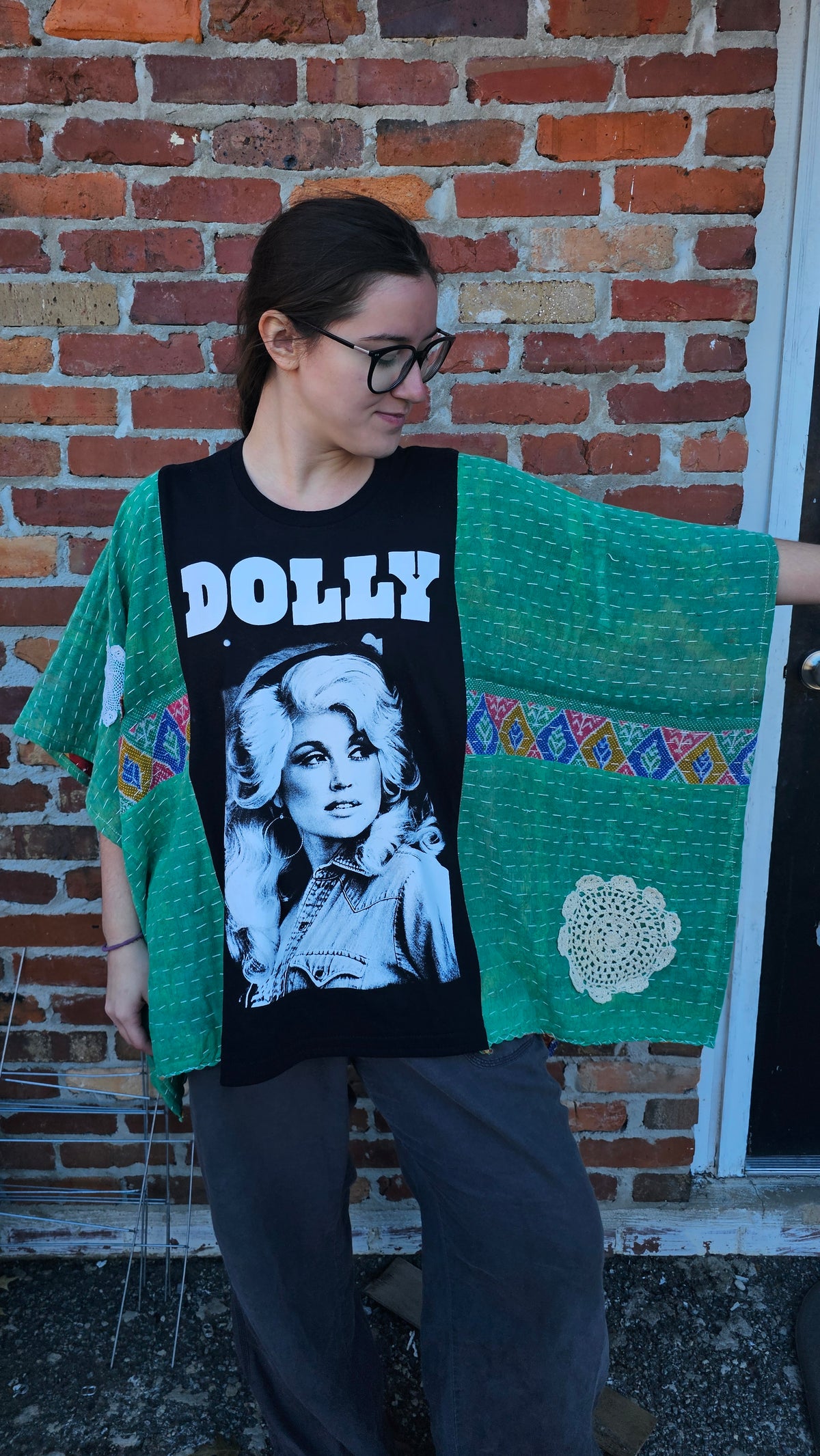 Dolly Parton Kantha Poncho with doilies