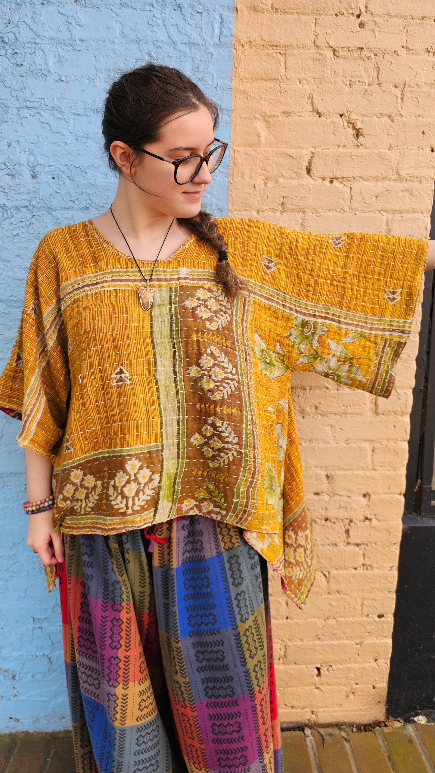 Enchantress Kantha Top | Boho Hi Low Upcycled Blouse #1343