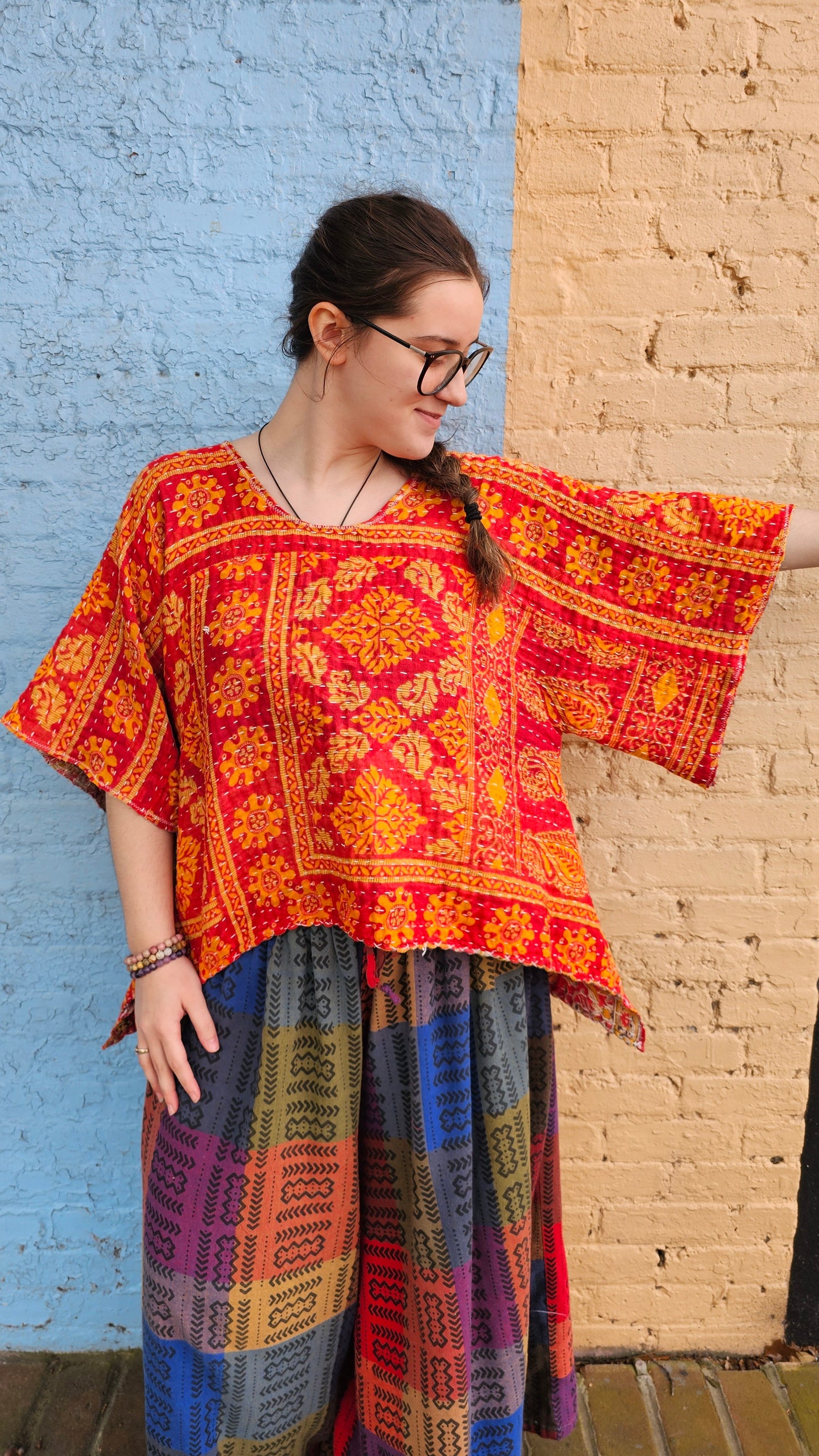 Enchantress Kantha Top | Boho Hi Low Upcycled Blouse #1344