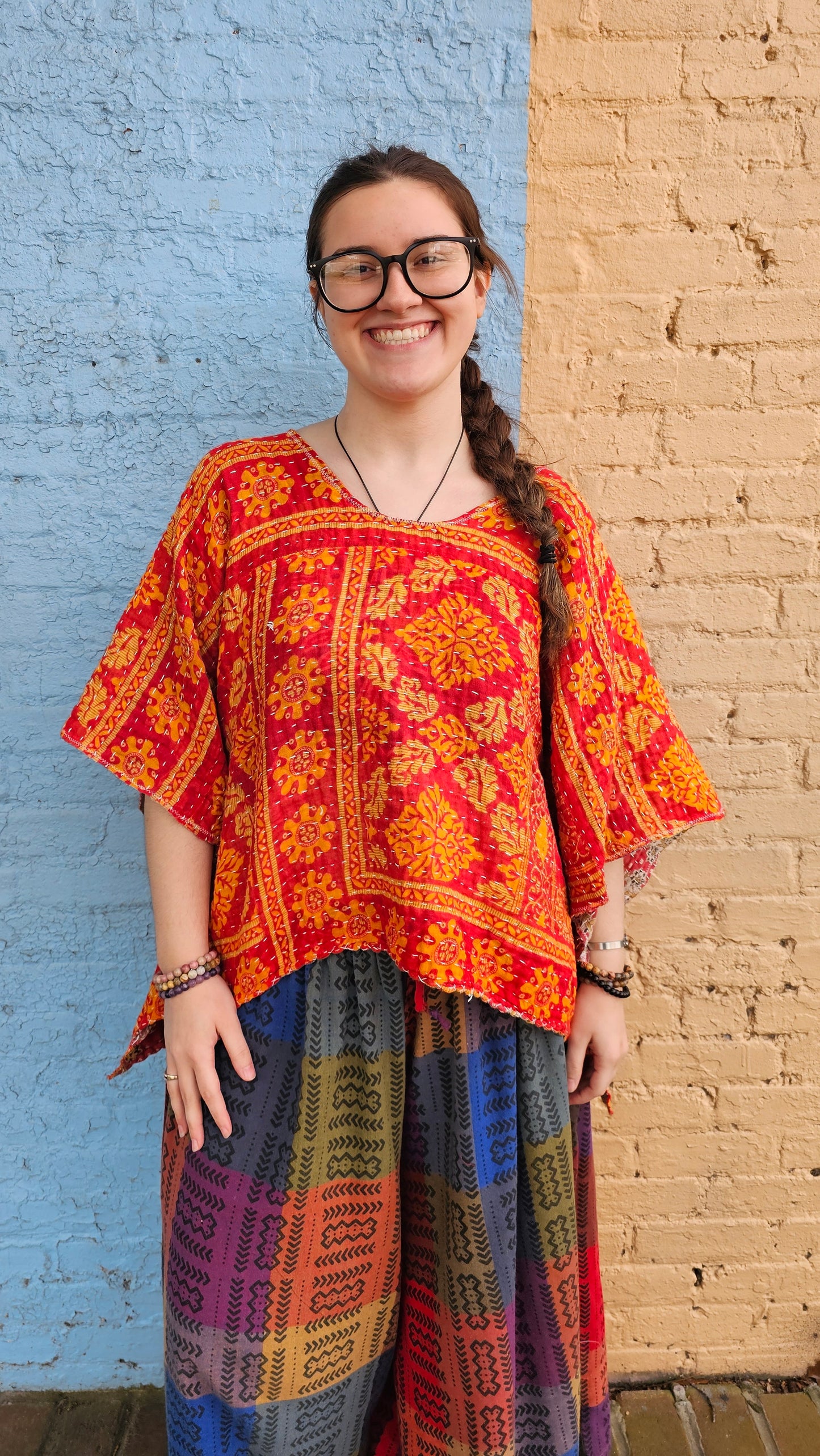 Enchantress Kantha Top | Boho Hi Low Upcycled Blouse #1344