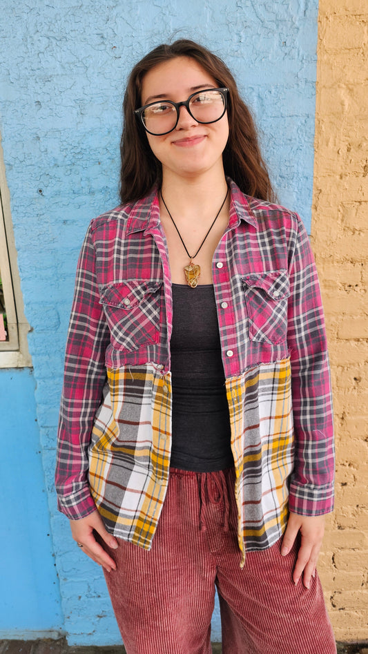 Desert Bloom Split Flannel (Medium) – One-of-a-Kind Upcycled Patchwork #1408