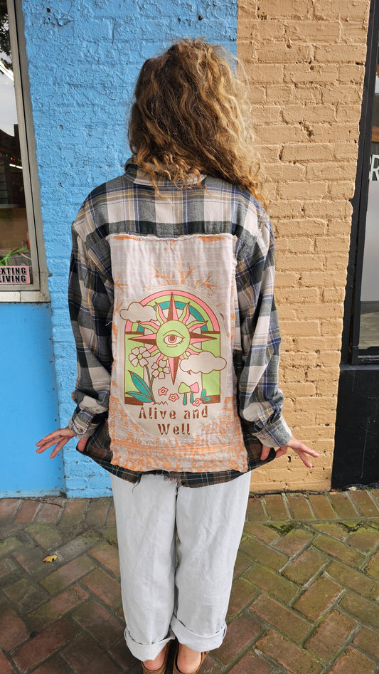 Alive and Well Split Flannel (XL) – One-of-a-Kind Upcycled Patchwork #1466