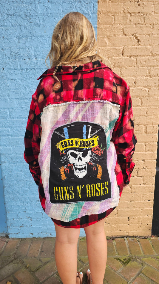 Guns N Roses Upcycled Bleached Flannel size Large/XL #1471