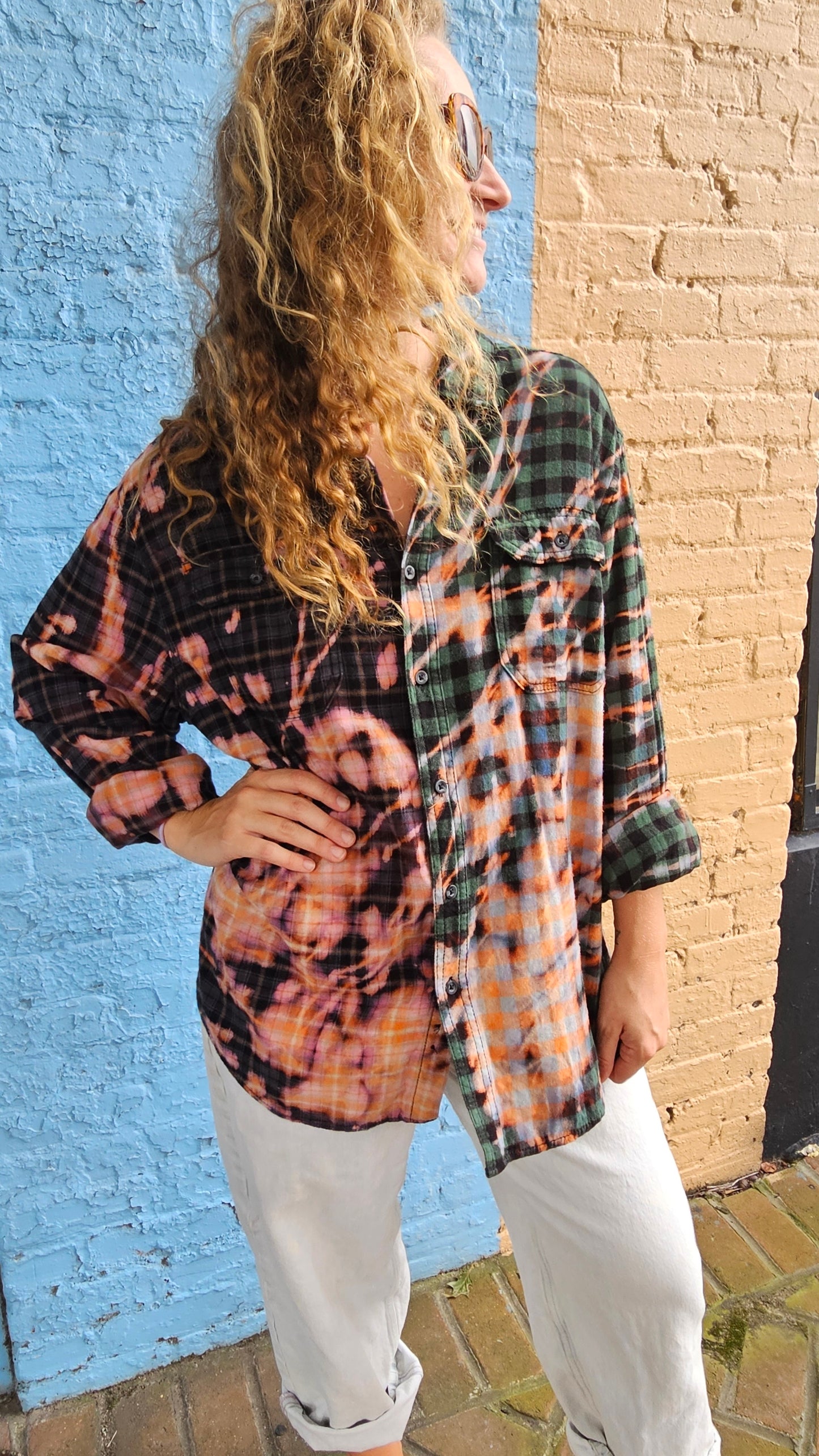 Stay Wild Moon Child Split Flannel (Large/XL)– One-of-a-Kind Bleached Patchwork #1473