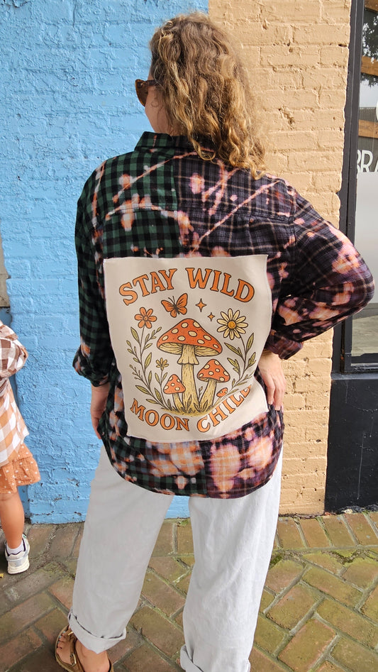Stay Wild Moon Child Split Flannel (Large/XL)– One-of-a-Kind Bleached Patchwork #1473