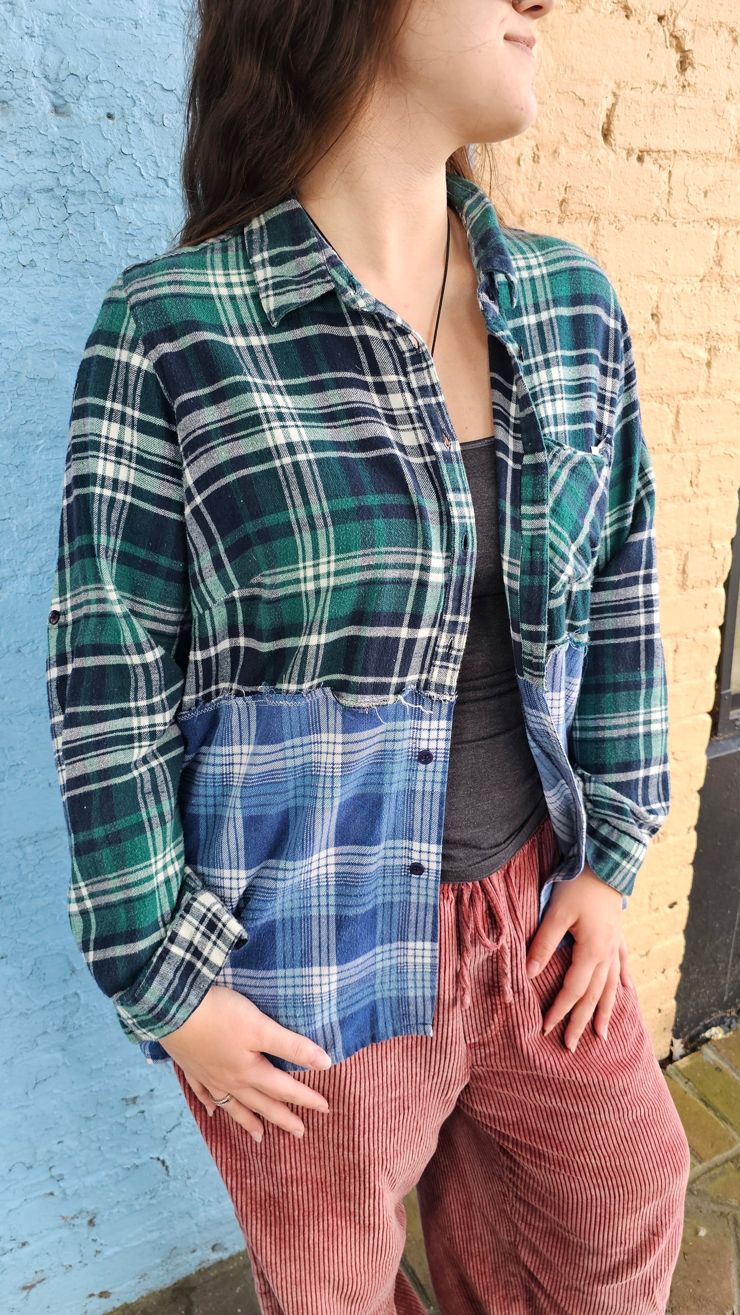 Riverbend Split Flannel (Large) – One-of-a-Kind Upcycled Patchwork#1409