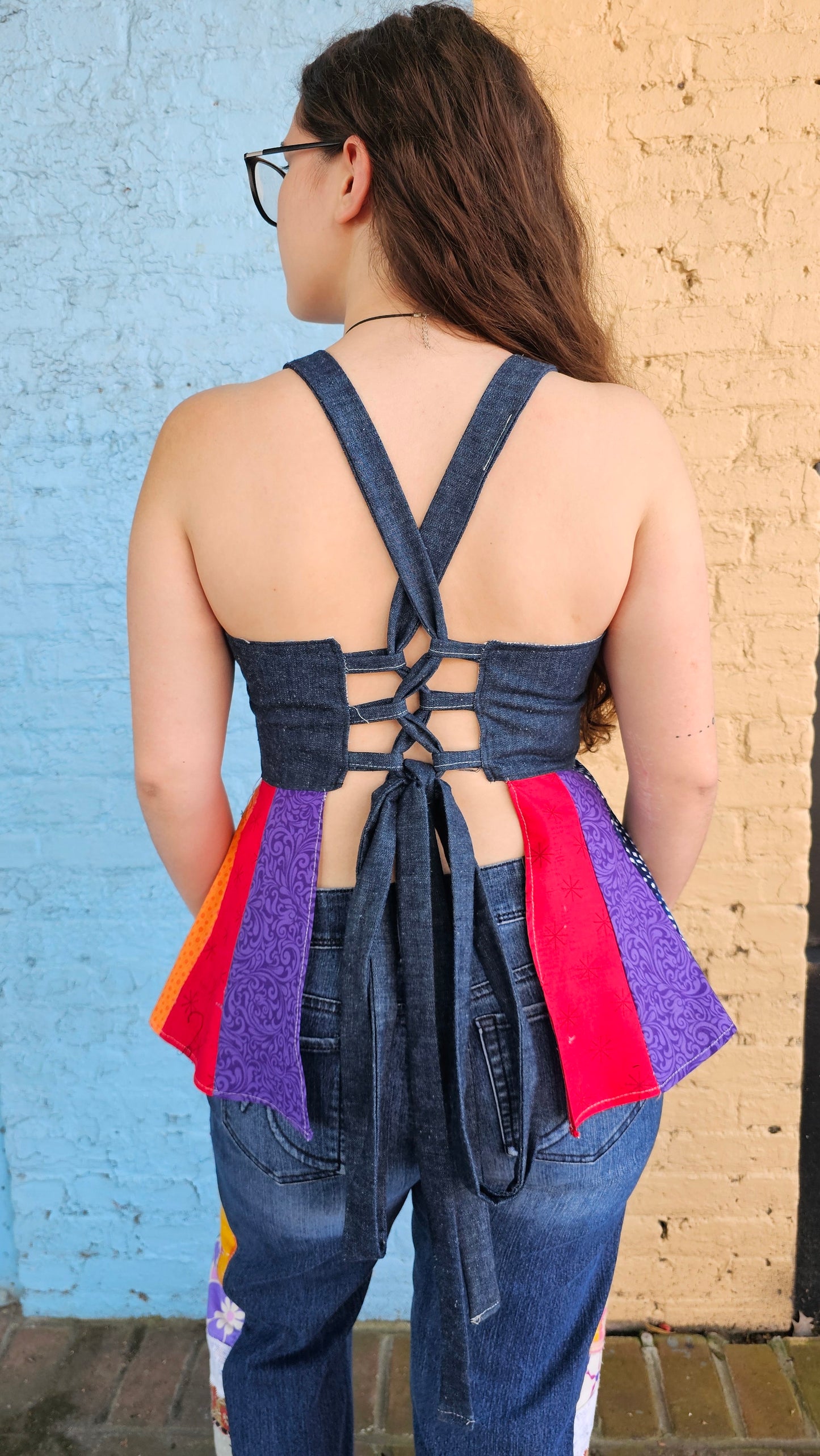 Patchwork Denim Hippie Apron Top – Corset Back, Crochet Detail DD+ cup #1415