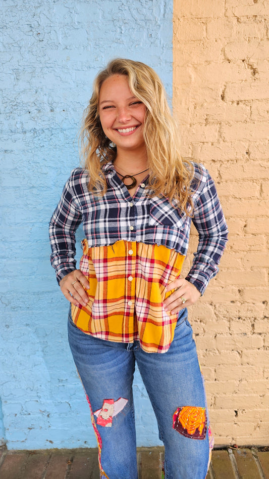 Golden Hour Split Flannel (Small) – One-of-a-Kind Upcycled Patchwork #1406