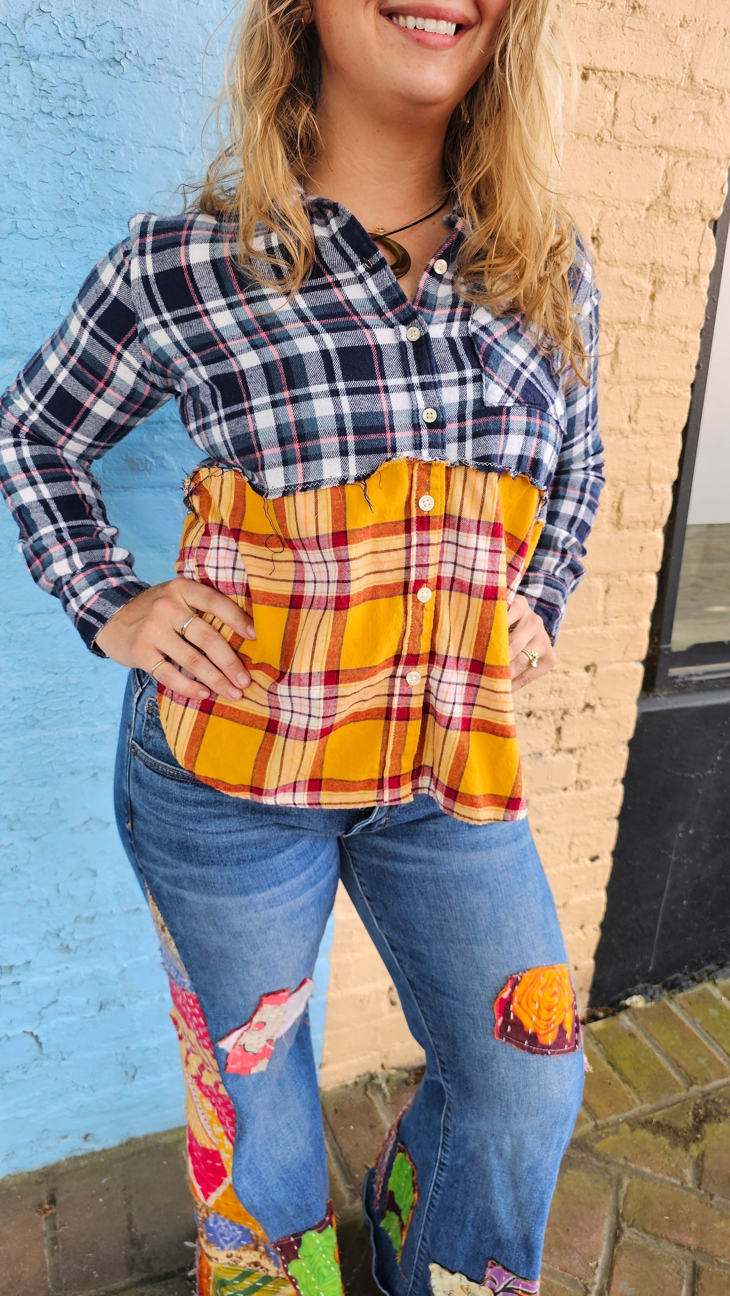 Golden Hour Split Flannel (Small) – One-of-a-Kind Upcycled Patchwork #1406