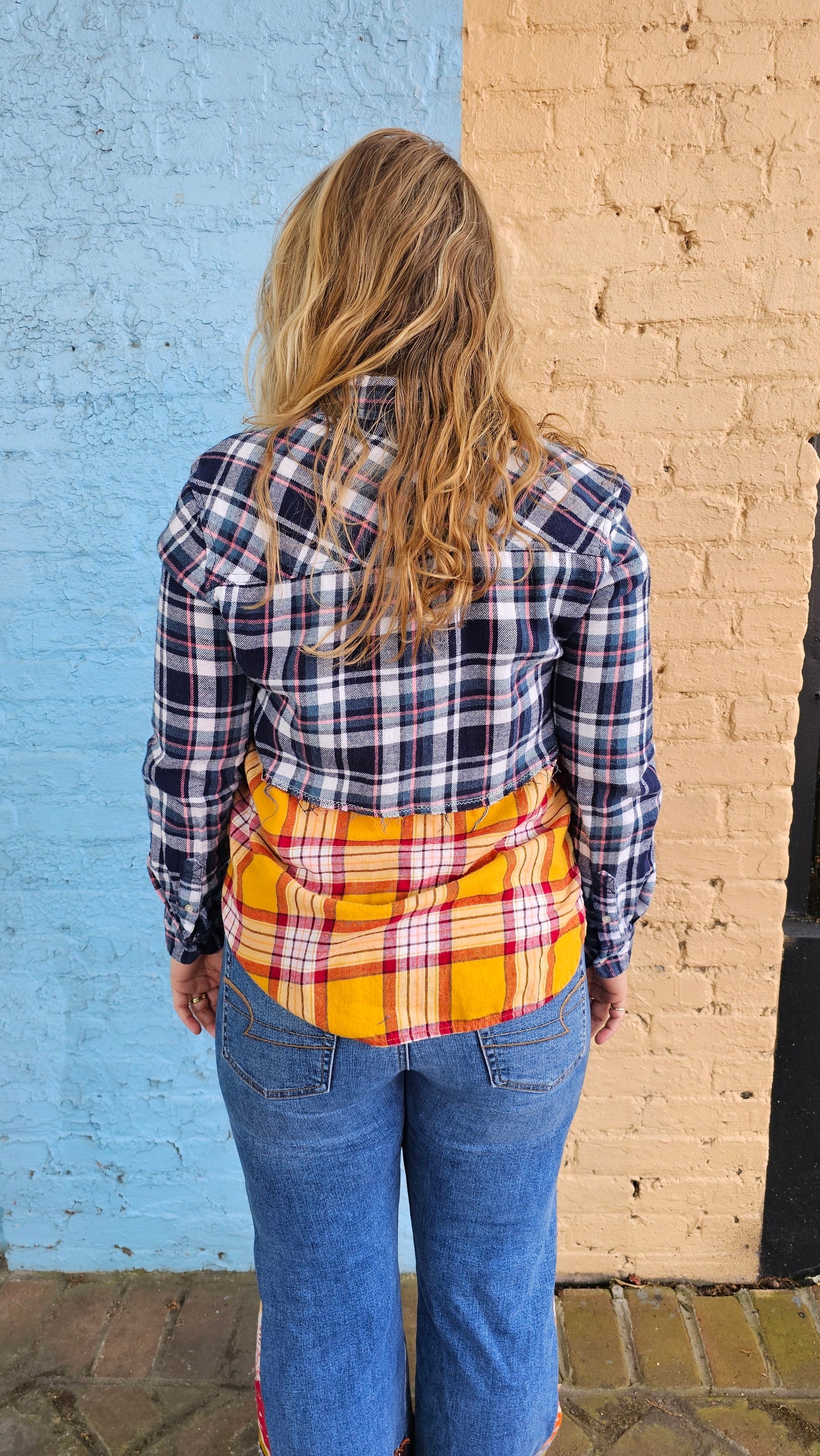 Golden Hour Split Flannel (Small) – One-of-a-Kind Upcycled Patchwork #1406