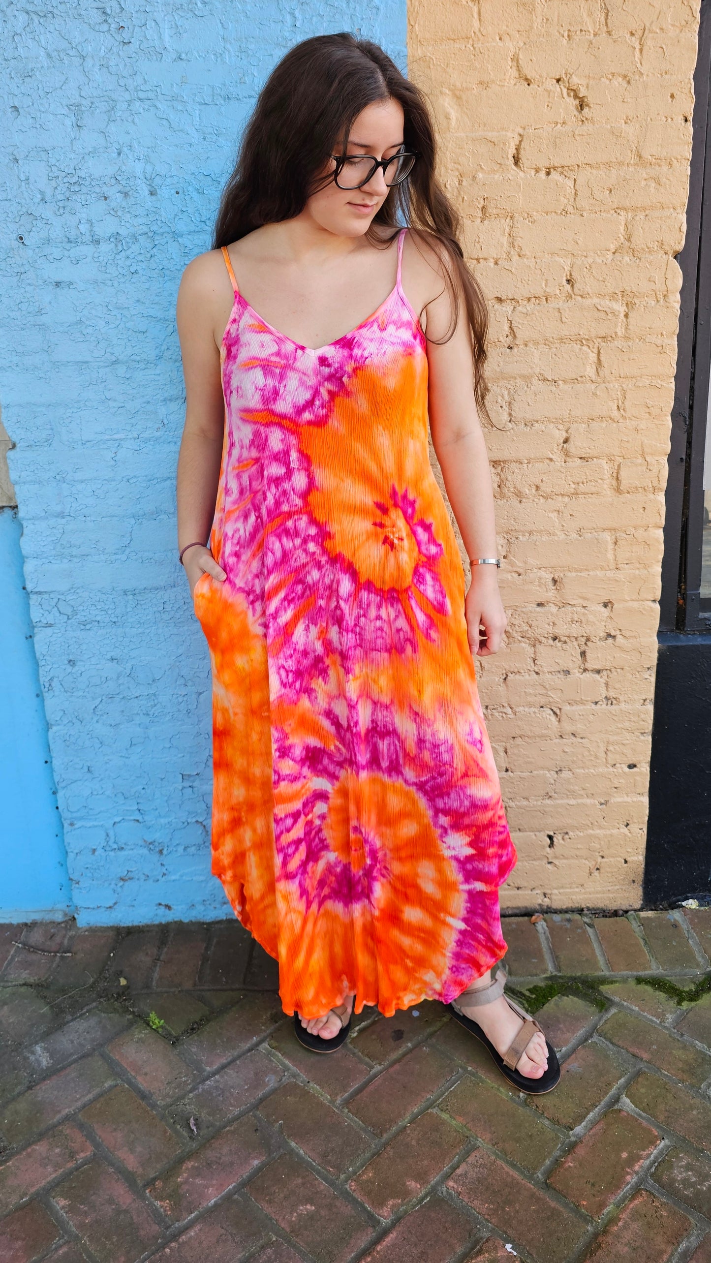 Sunset Spiral Tie-Dye Maxi Dress with Pockets | Little Hippie Chick LARGE #1435