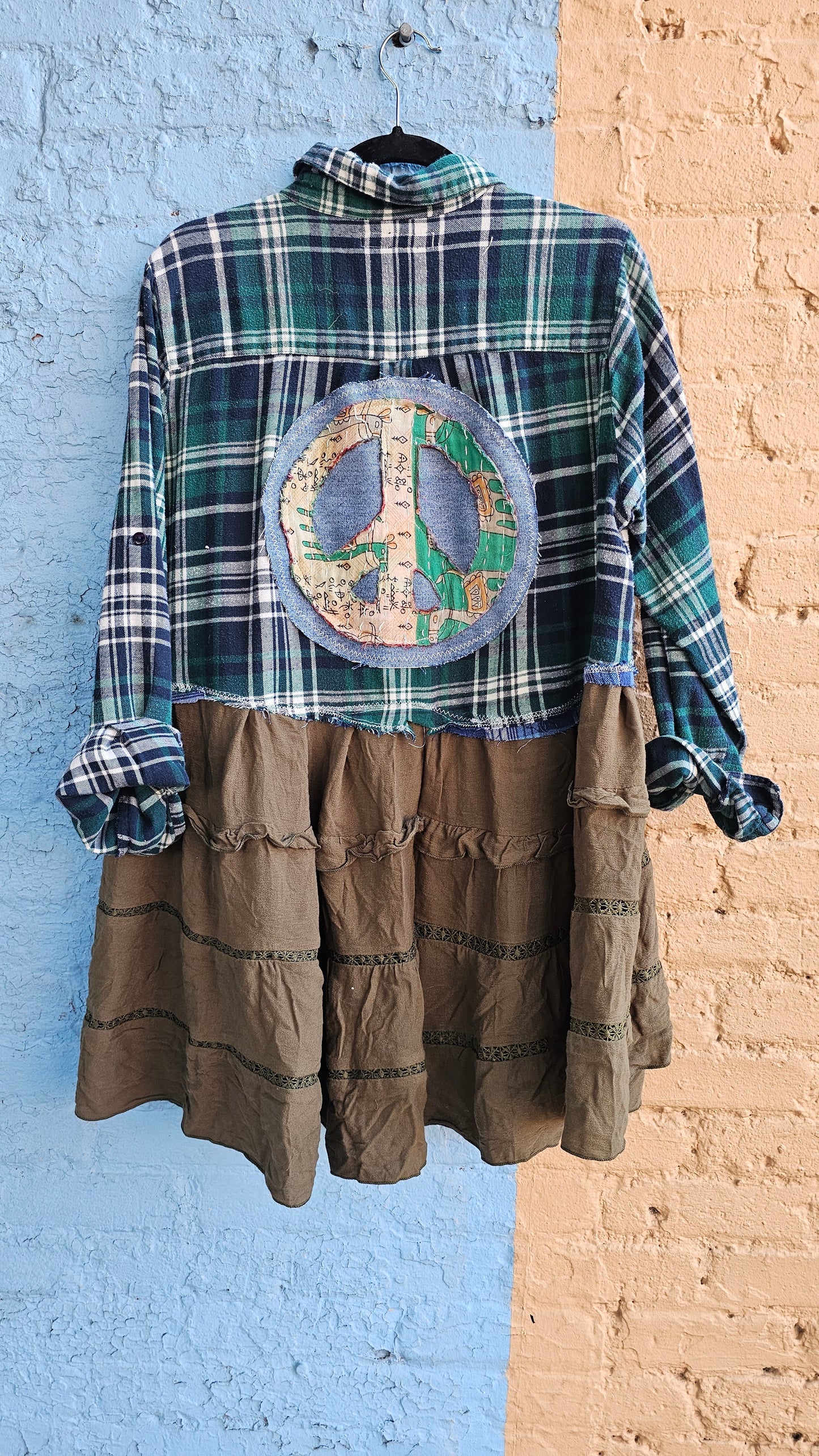 Reworked Flannel – Peace Sign Patchwork, Repurposed & One-of-a-Kind #1462