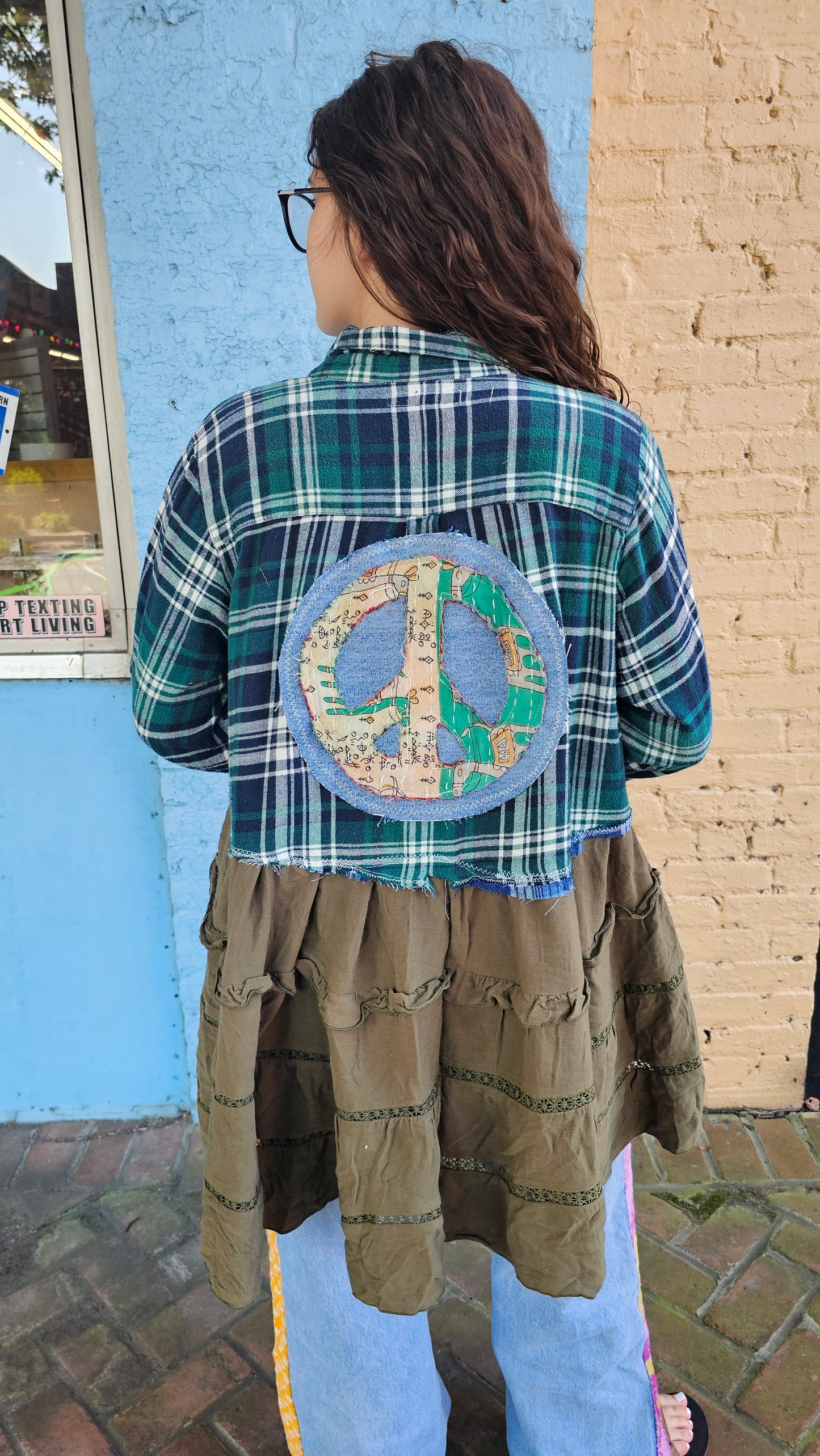 Reworked Flannel – Peace Sign Patchwork, Repurposed & One-of-a-Kind #1462