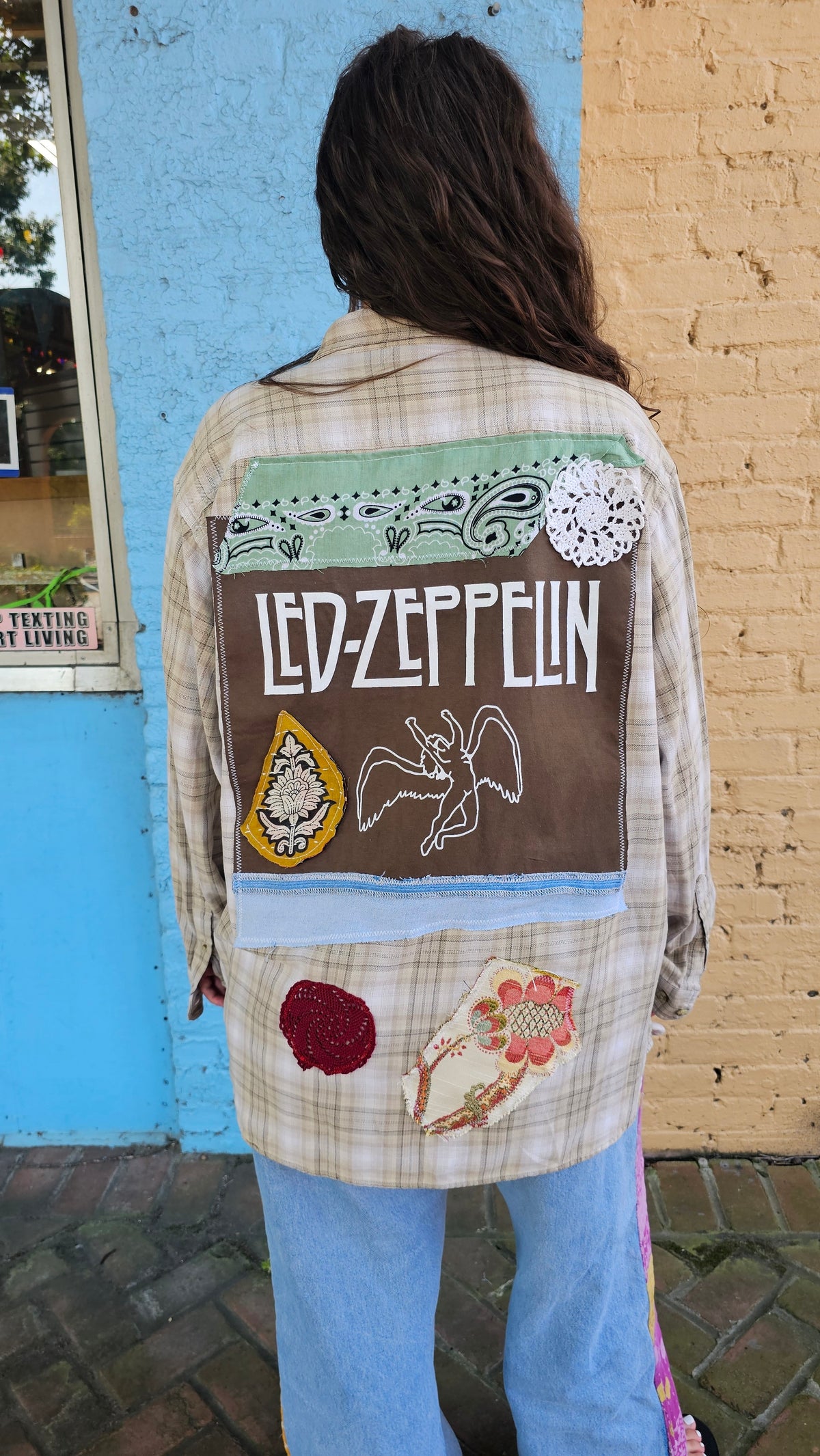 Upcycled Columbia Flannel – Led Zeppelin Patchwork, Repurposed & One-of-a-Kind size XL