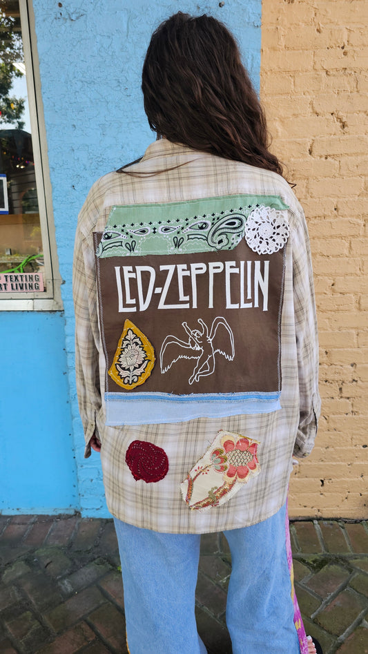 Upcycled Columbia Flannel – Led Zeppelin Patchwork, Repurposed & One-of-a-Kind size XL