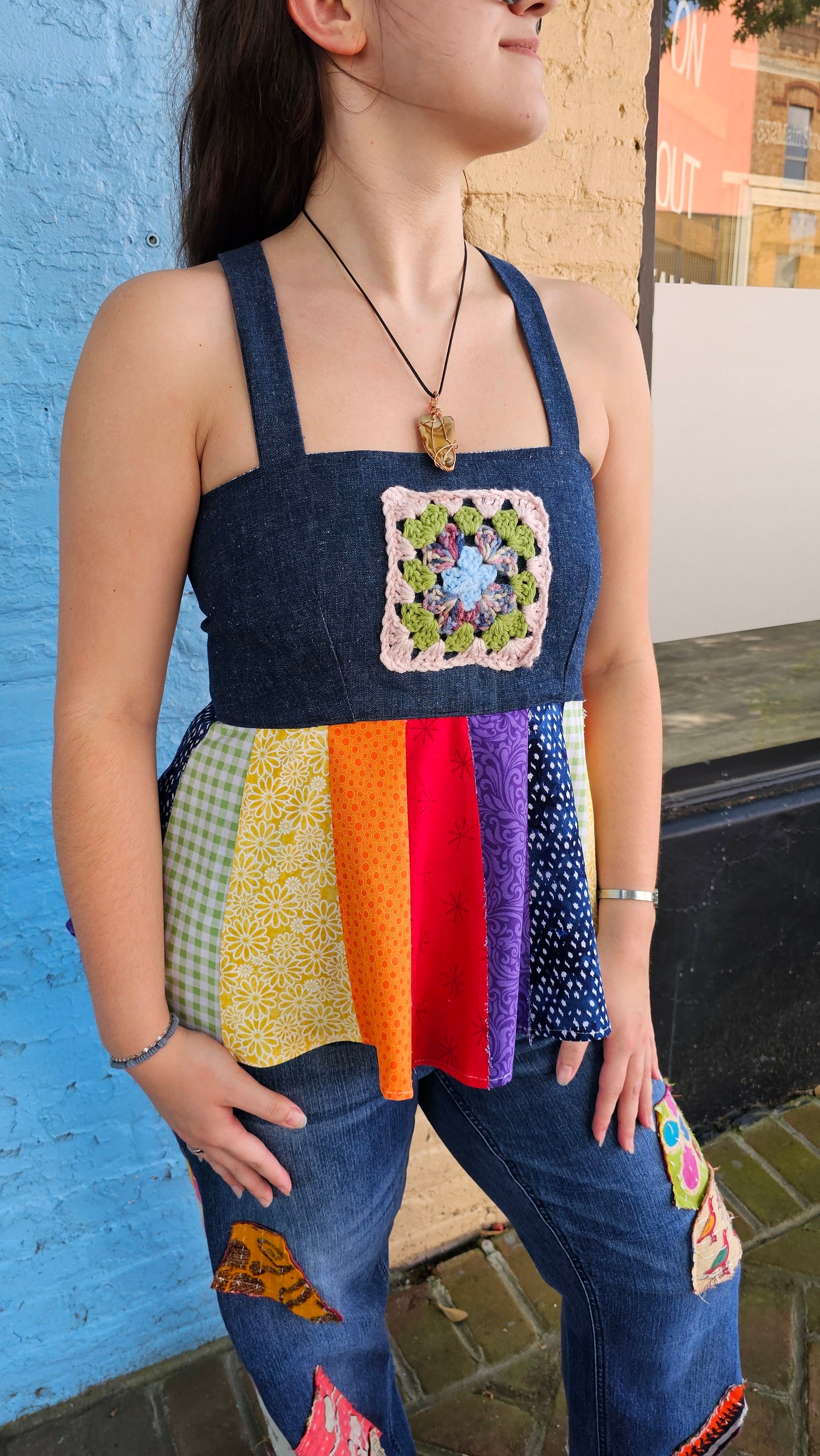 Patchwork Denim Hippie Apron Top – Corset Back, Crochet Detail DD+ cup #1415