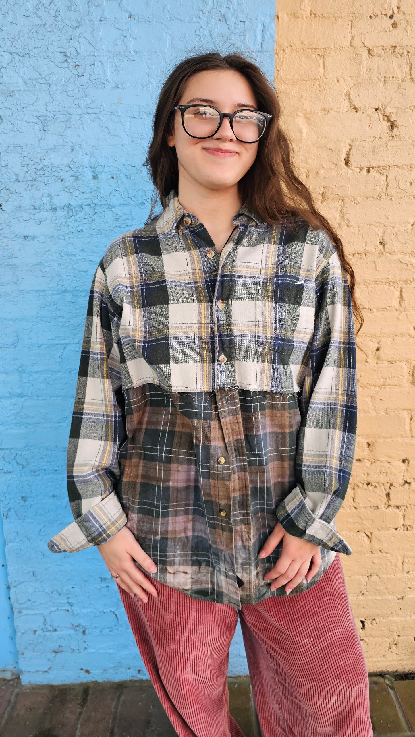 Forest Trail Split Flannel (XL) – One-of-a-Kind Upcycled Patchwork #1410