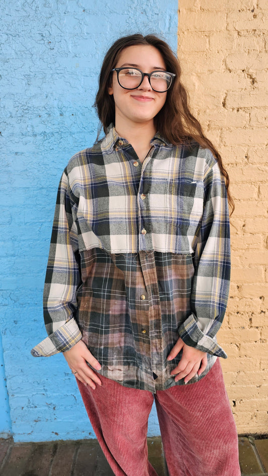 Forest Trail Split Flannel (XL) – One-of-a-Kind Upcycled Patchwork #1410