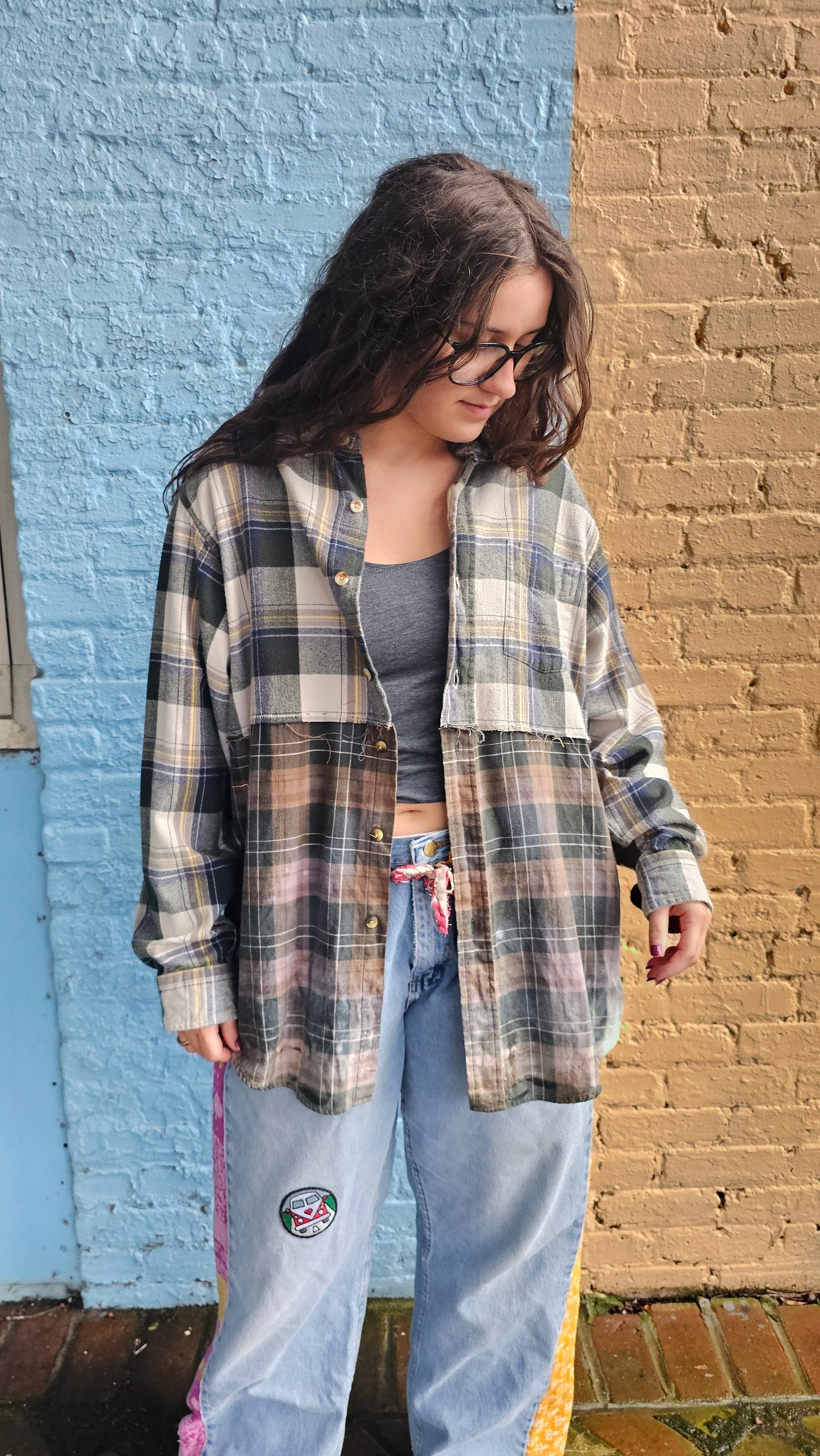 Alive and Well Split Flannel (XL) – One-of-a-Kind Upcycled Patchwork #1466