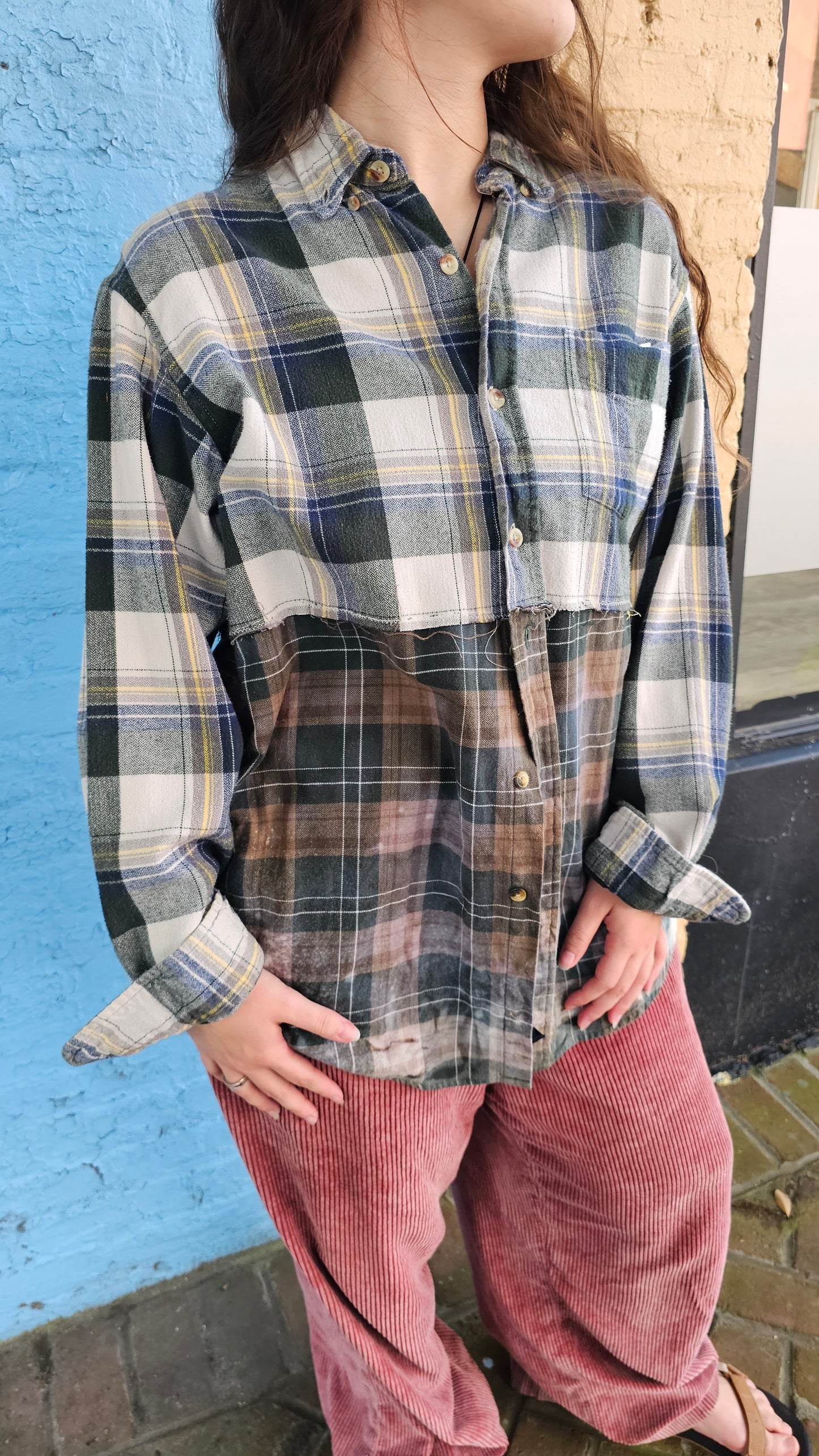 Forest Trail Split Flannel (XL) – One-of-a-Kind Upcycled Patchwork #1410