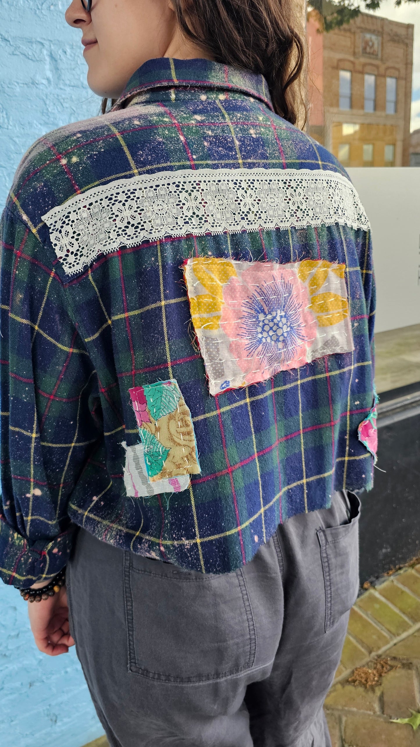 Cropped Flannel Shirt | Upcycled Distressed Flannel Size XL #1365