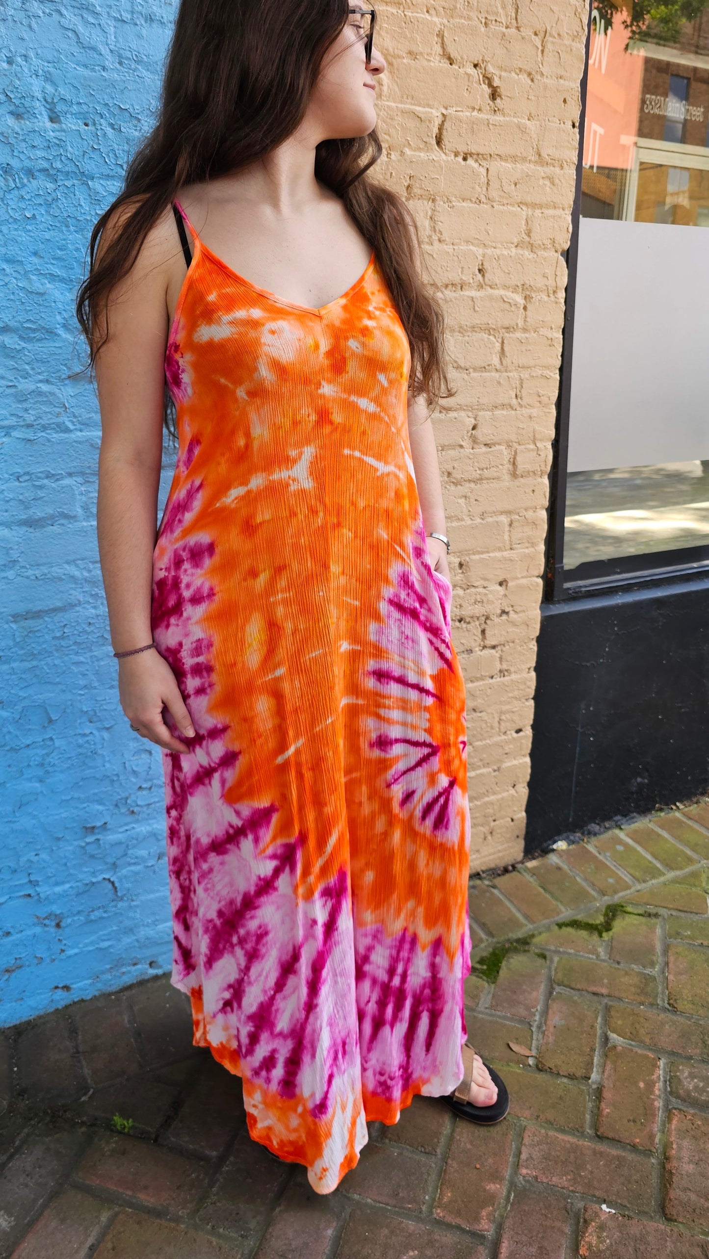 Sunset Spiral Tie-Dye Maxi Dress with Pockets | Little Hippie Chick SMALL #1437